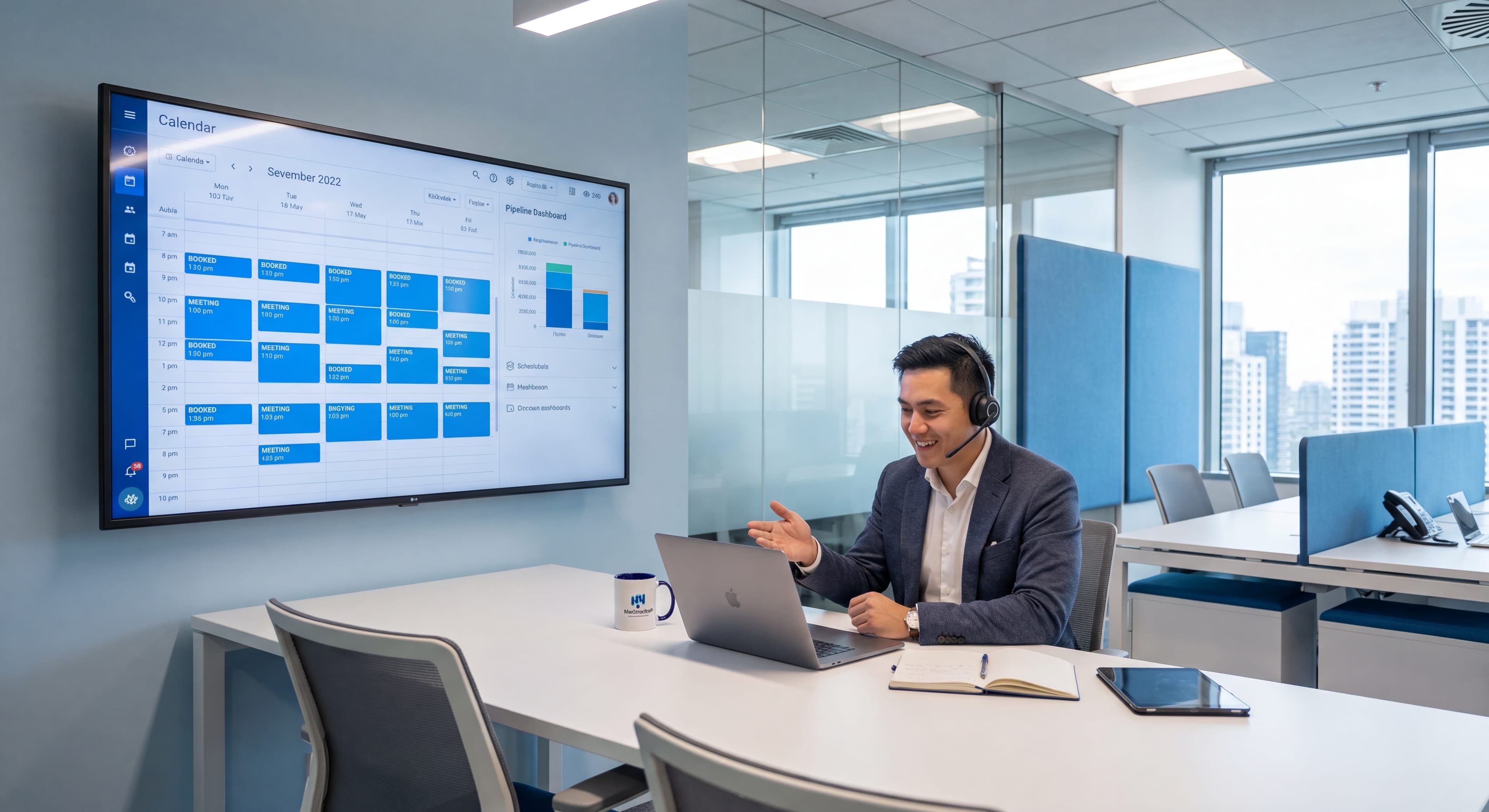 B2B appointment setting workspace with a calendar of booked qualified meetings on screen