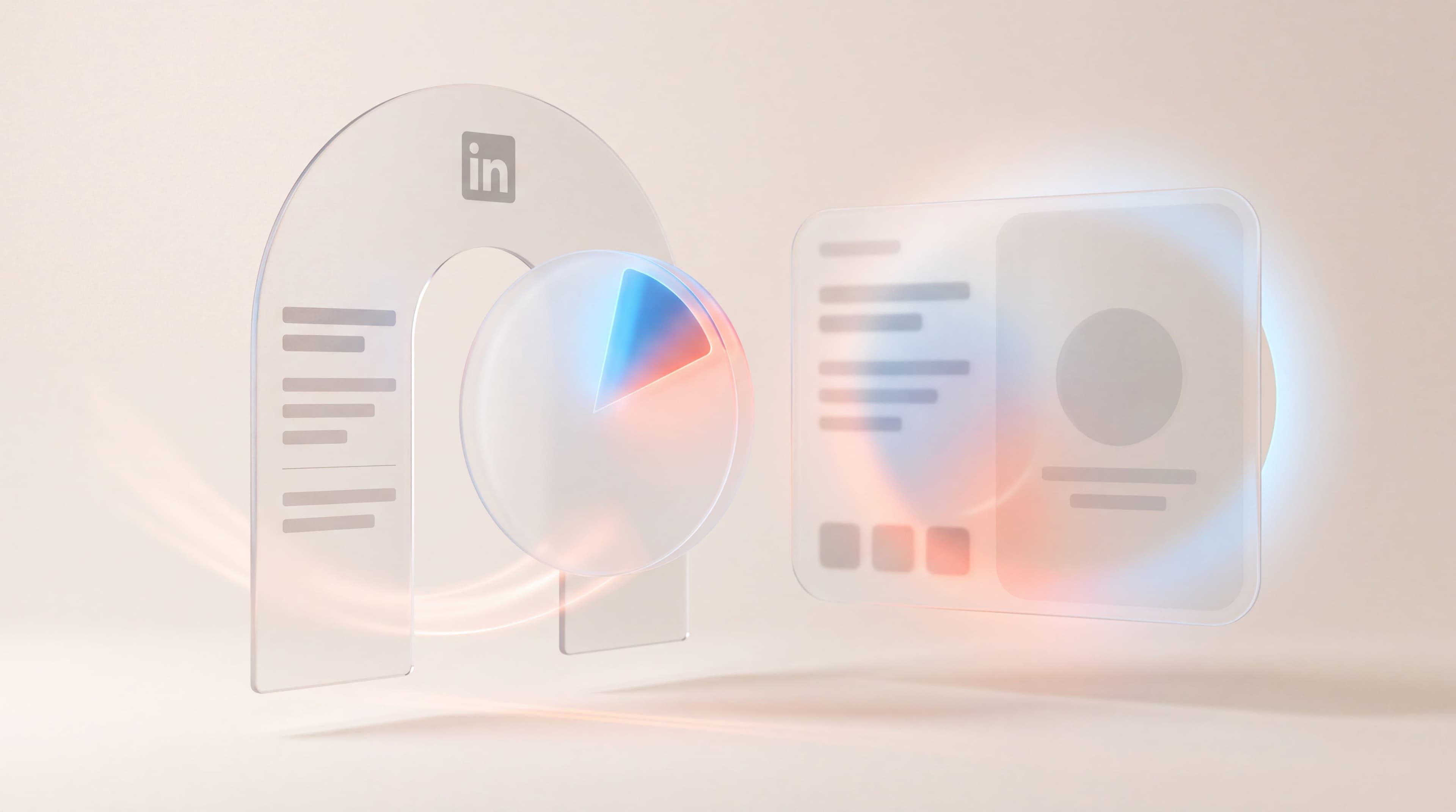 Frosted glass LinkedIn panel and scheduling disc beside a sales call screen, B2B appointment setting handoff