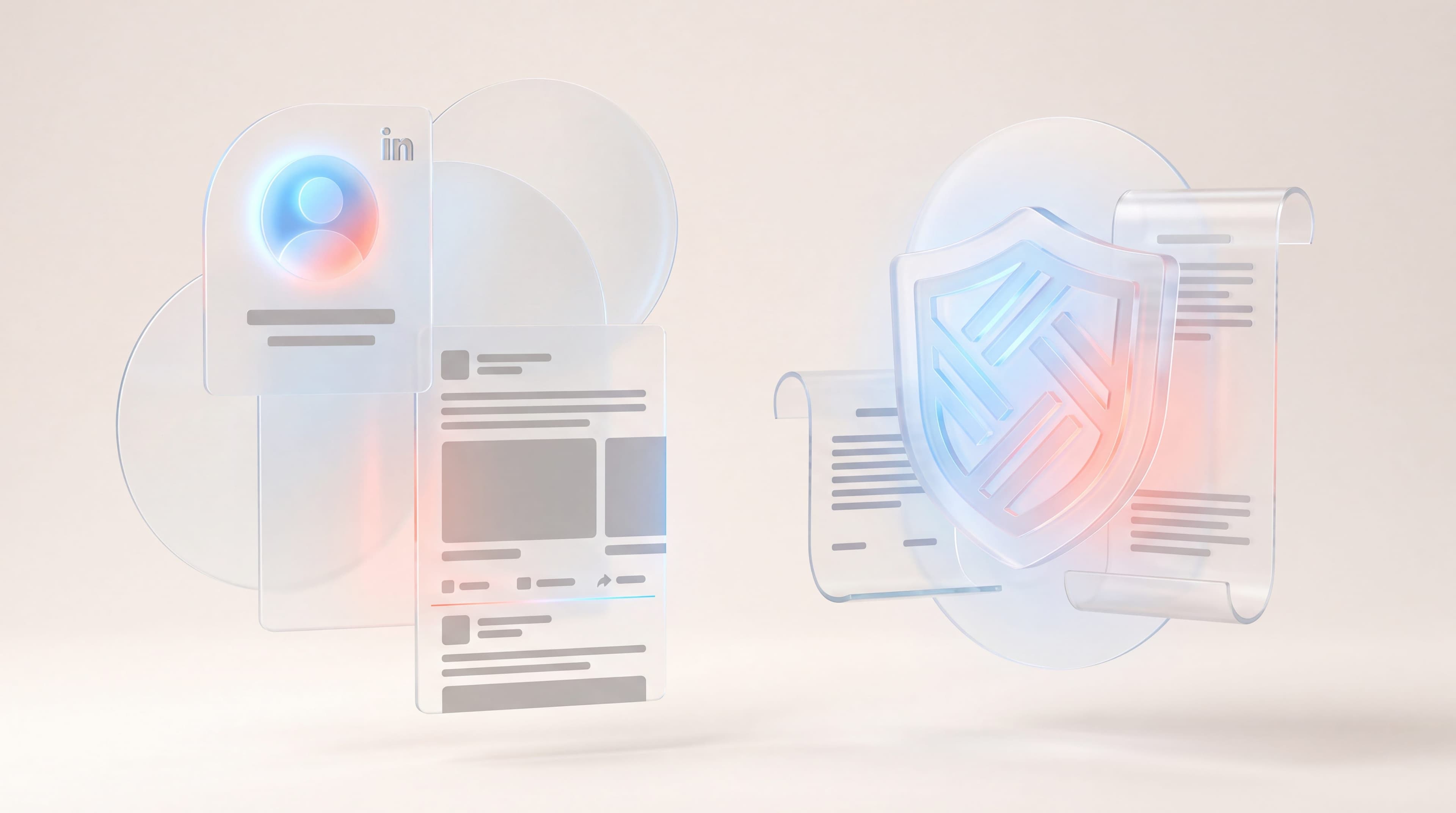 Glass profile card and post panels beside a shield emblem, showing LinkedIn personal branding for insurance firms