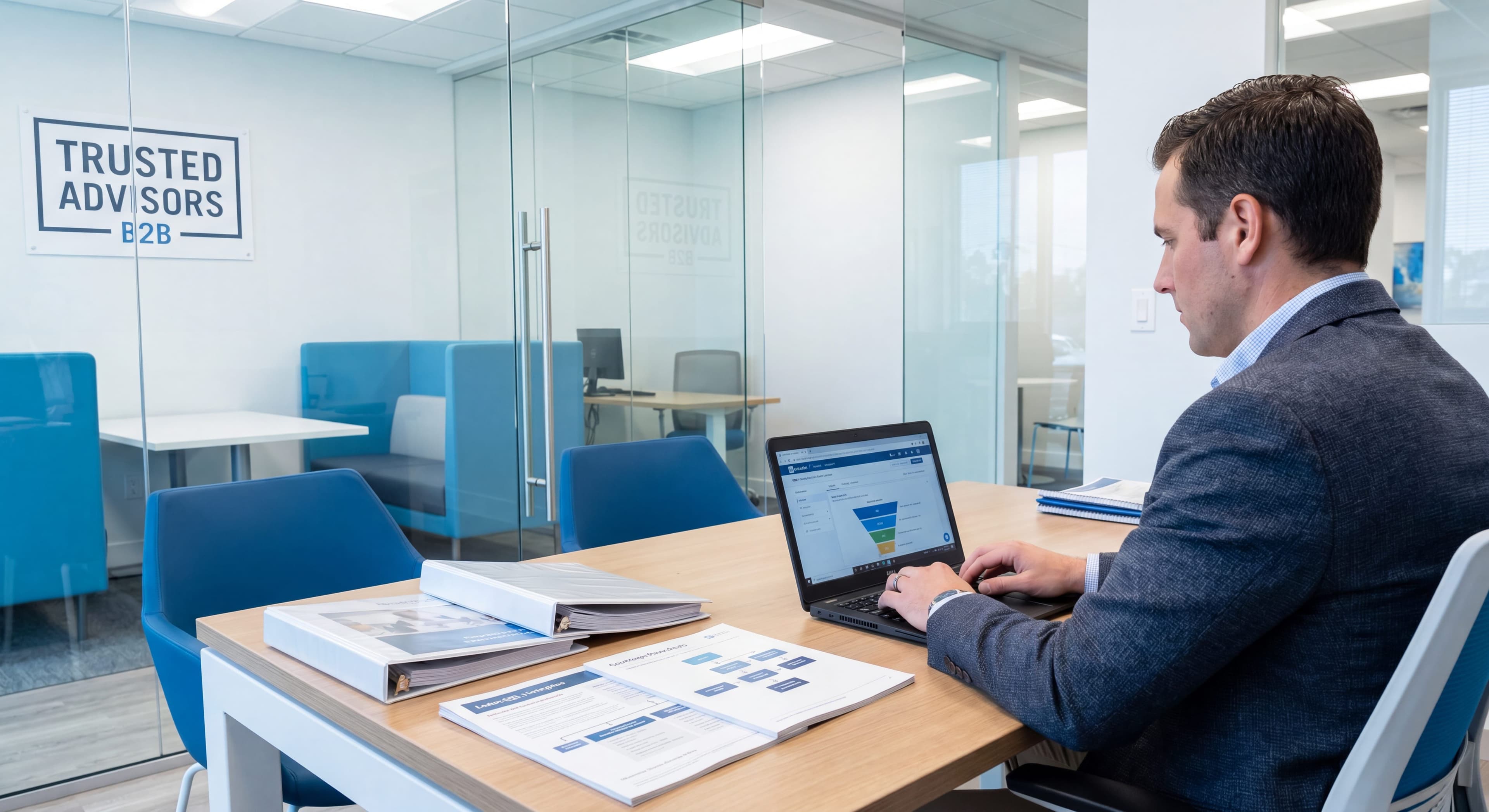 Insurance agent reviewing a LinkedIn lead generation pipeline on a laptop in a modern brokerage office