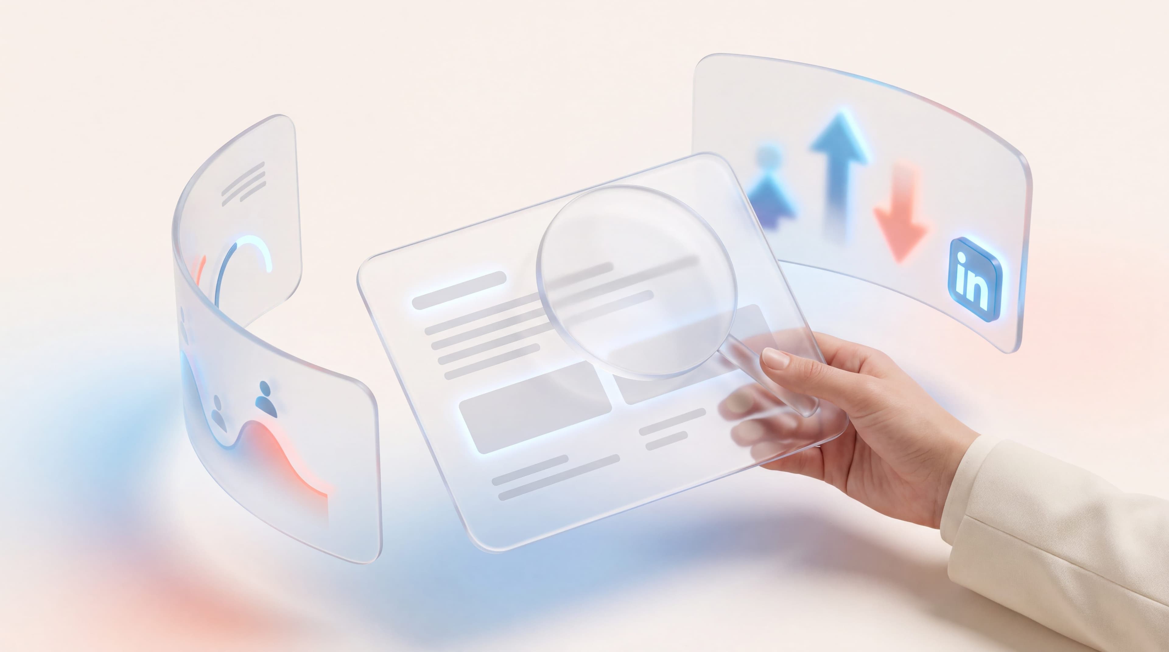 A buyer reviewing a lead generation agency proposal, with glass panels of figures and a contract under inspection