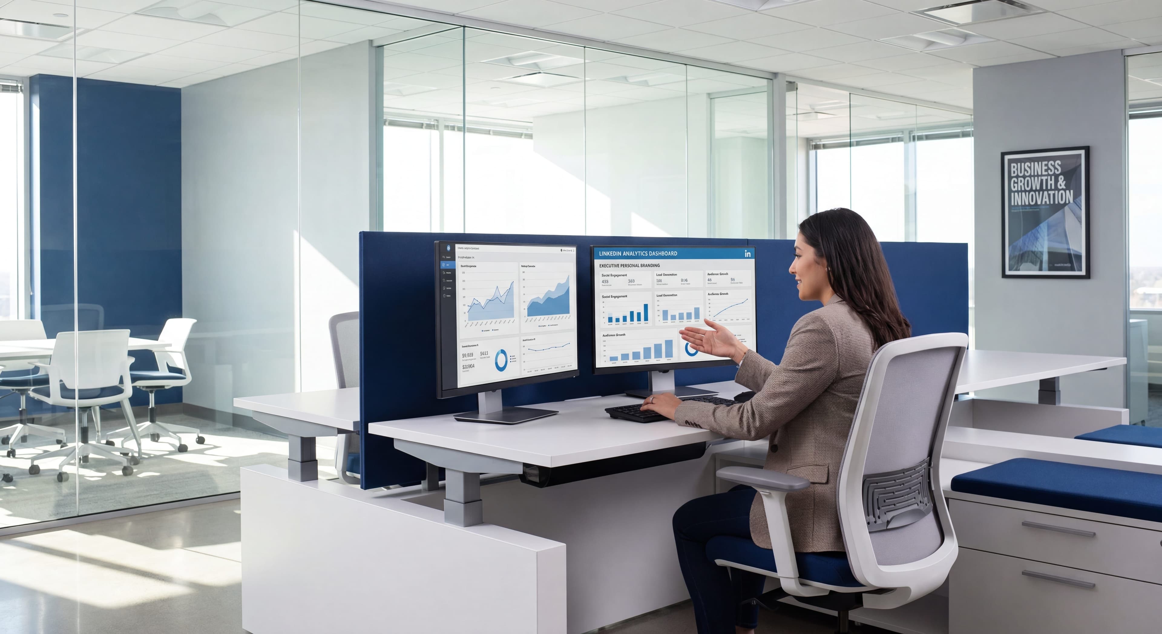 Marketing professional reviewing a LinkedIn analytics dashboard as part of a B2B social media marketing strategy