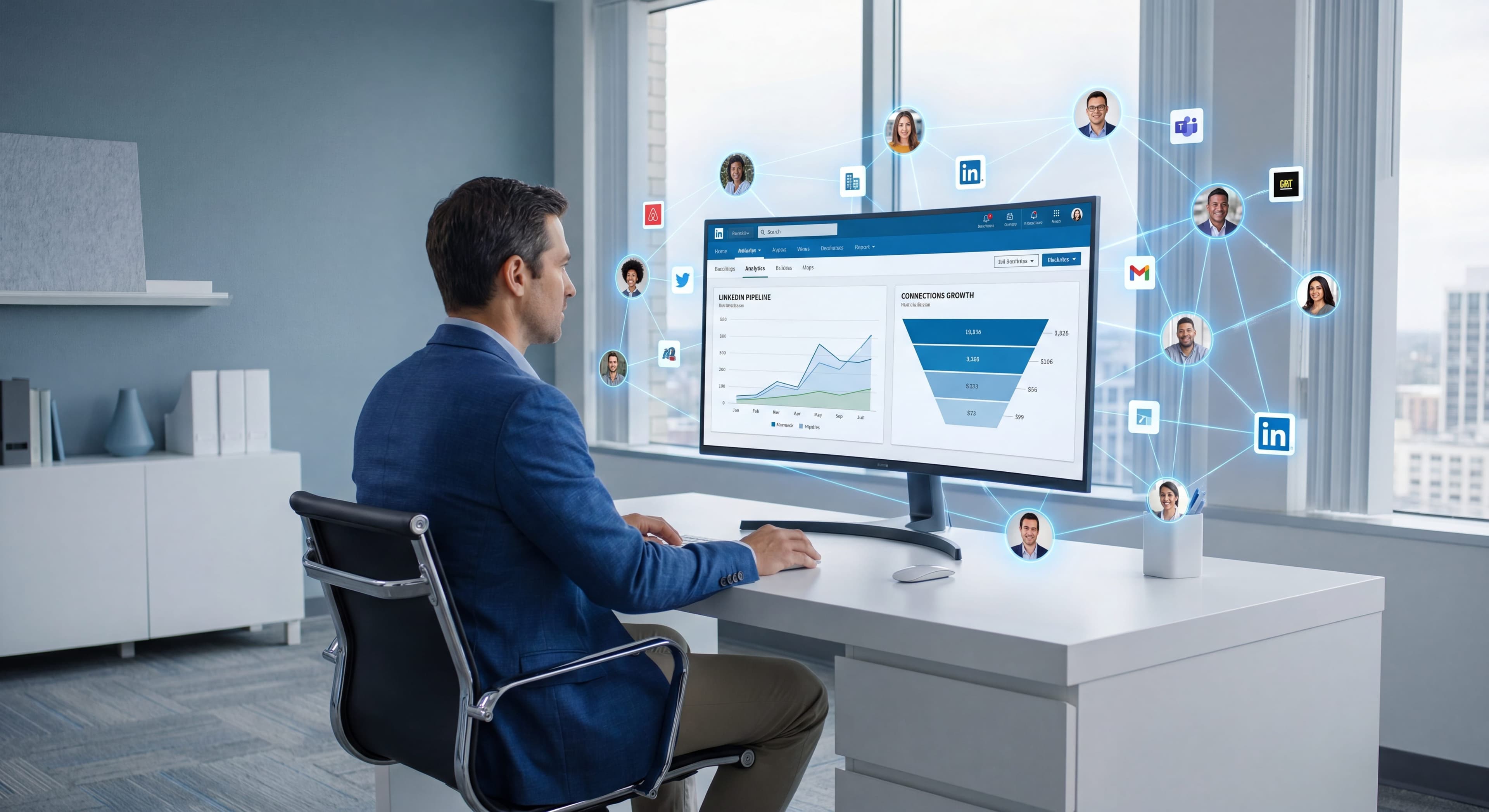 Marketing executive reviewing a LinkedIn B2B lead generation pipeline dashboard in a modern workspace
