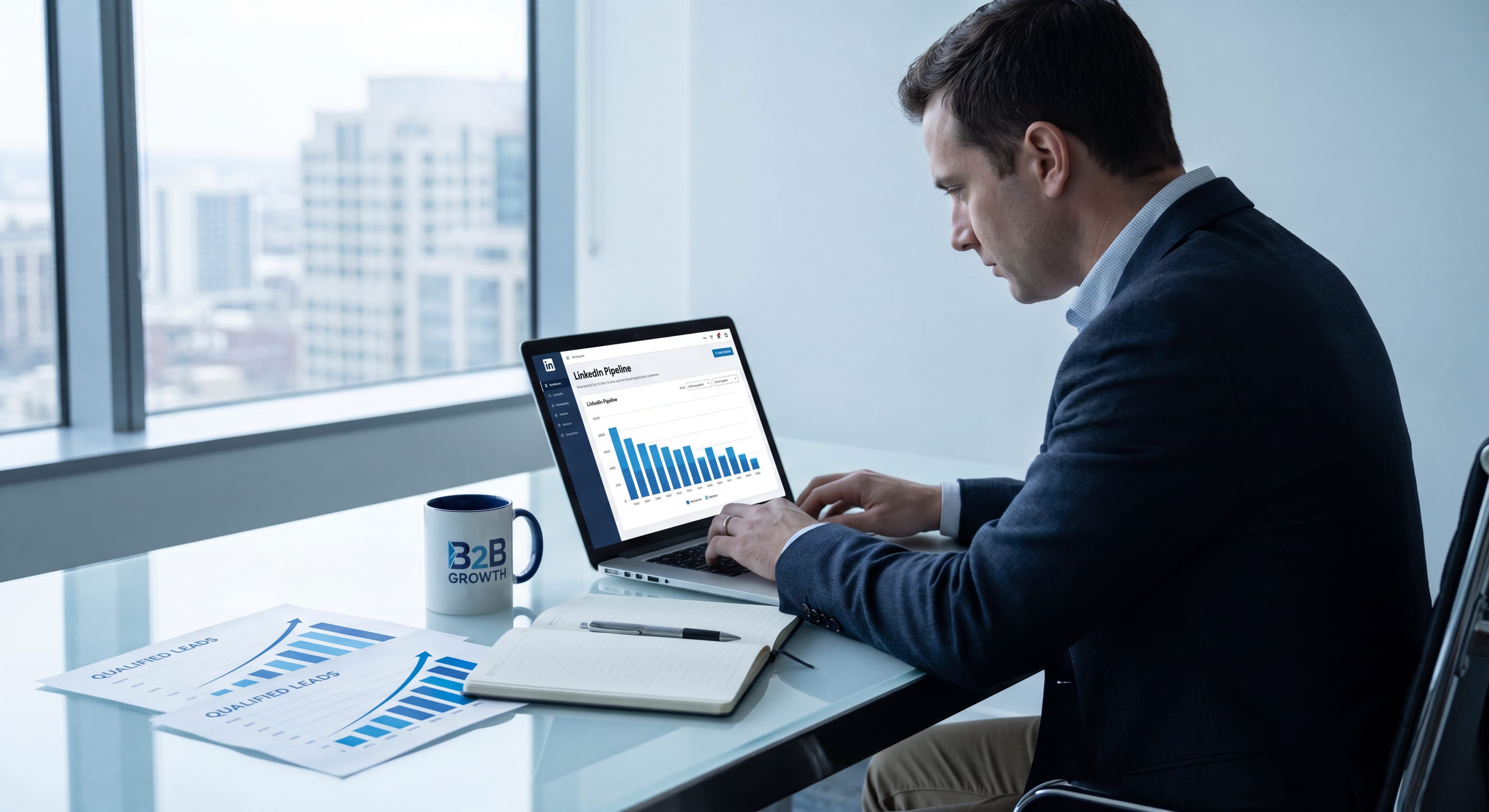 B2B marketer reviewing a LinkedIn lead generation pipeline dashboard on a laptop in a modern workspace