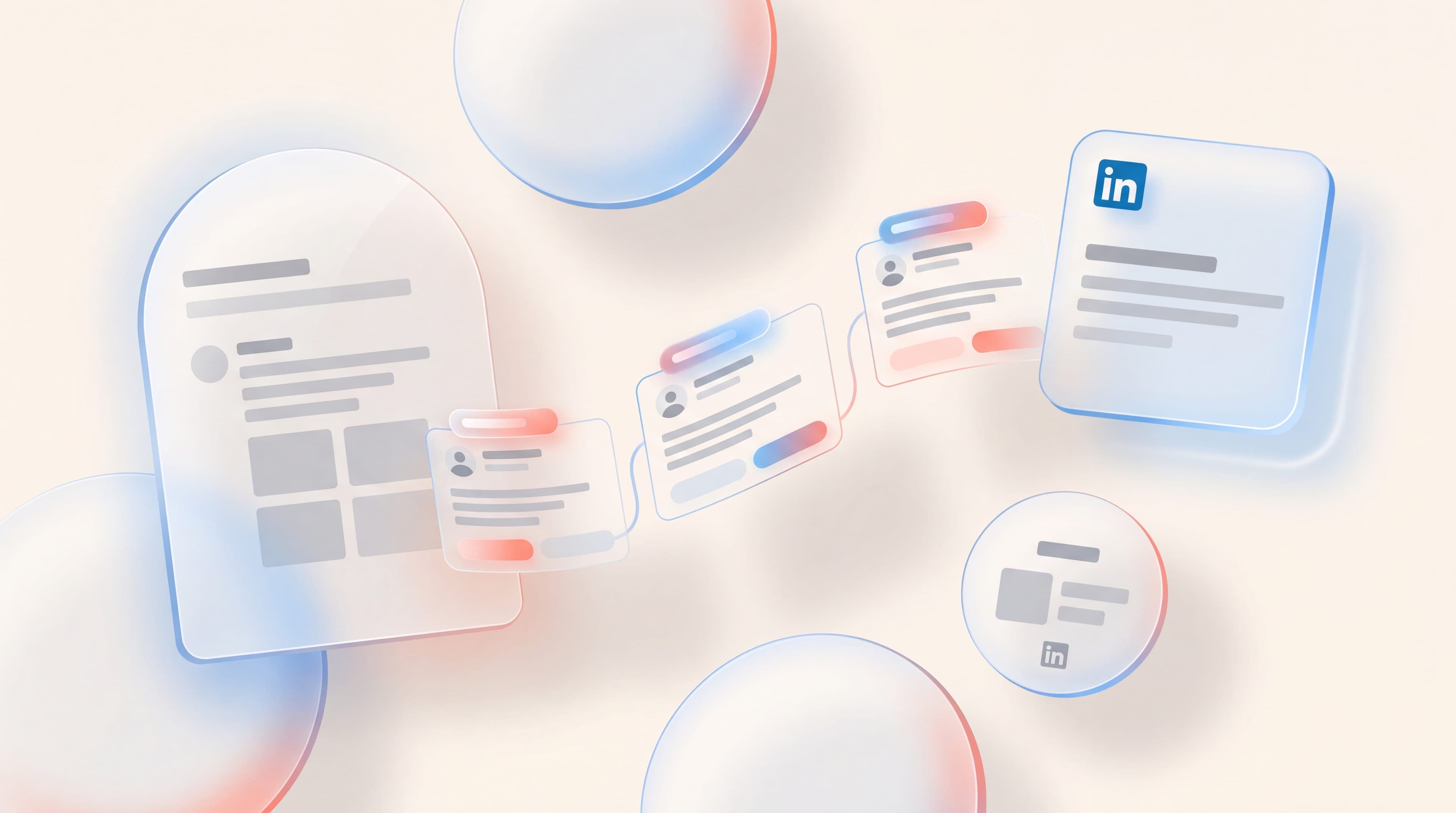 Glass panel of drafted LinkedIn posts feeding a chain of outreach message cards and a LinkedIn ad tile