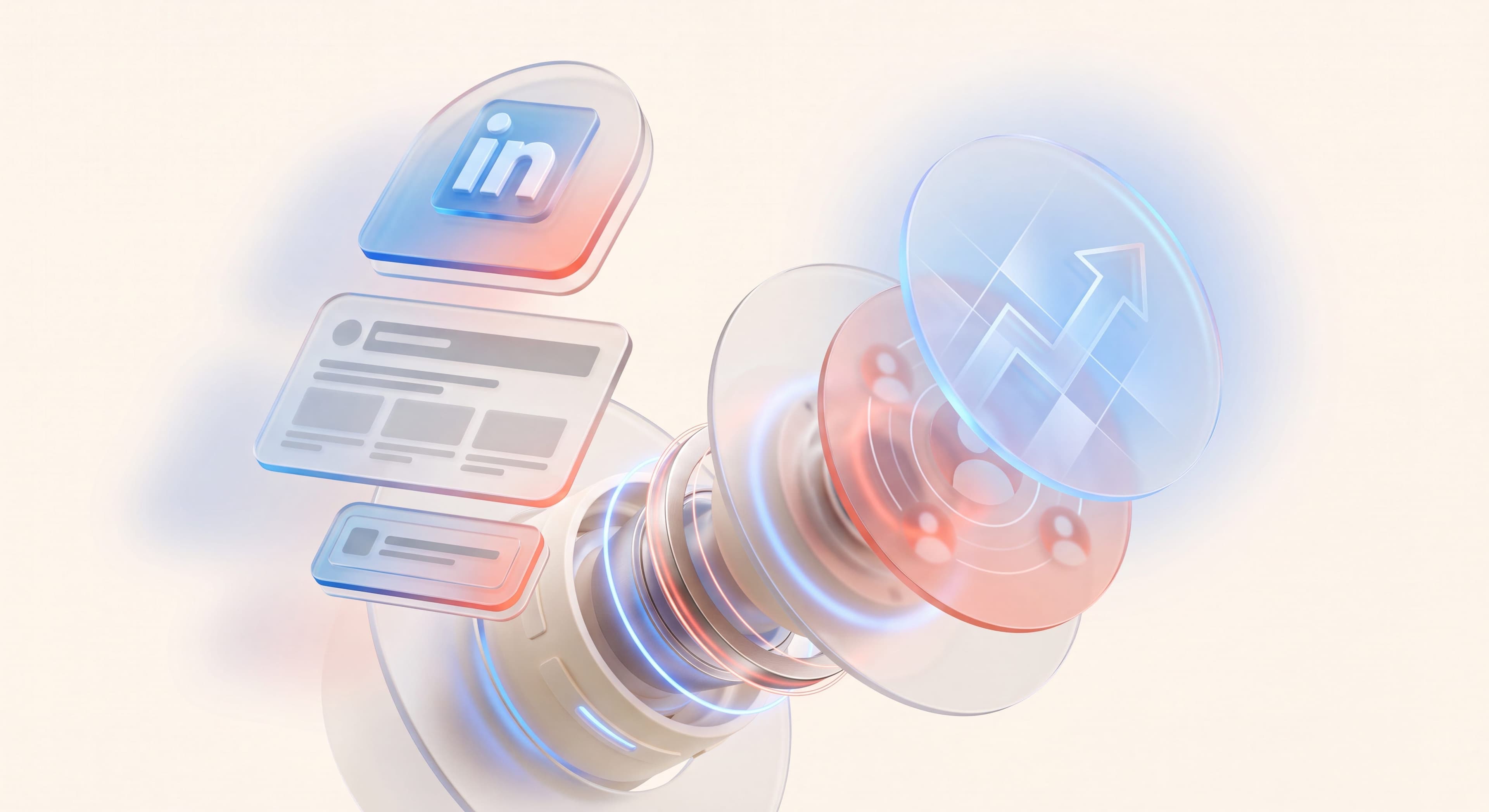 Glassmorphic LinkedIn Ads dashboard with B2B audience-targeting panels and rising pipeline
