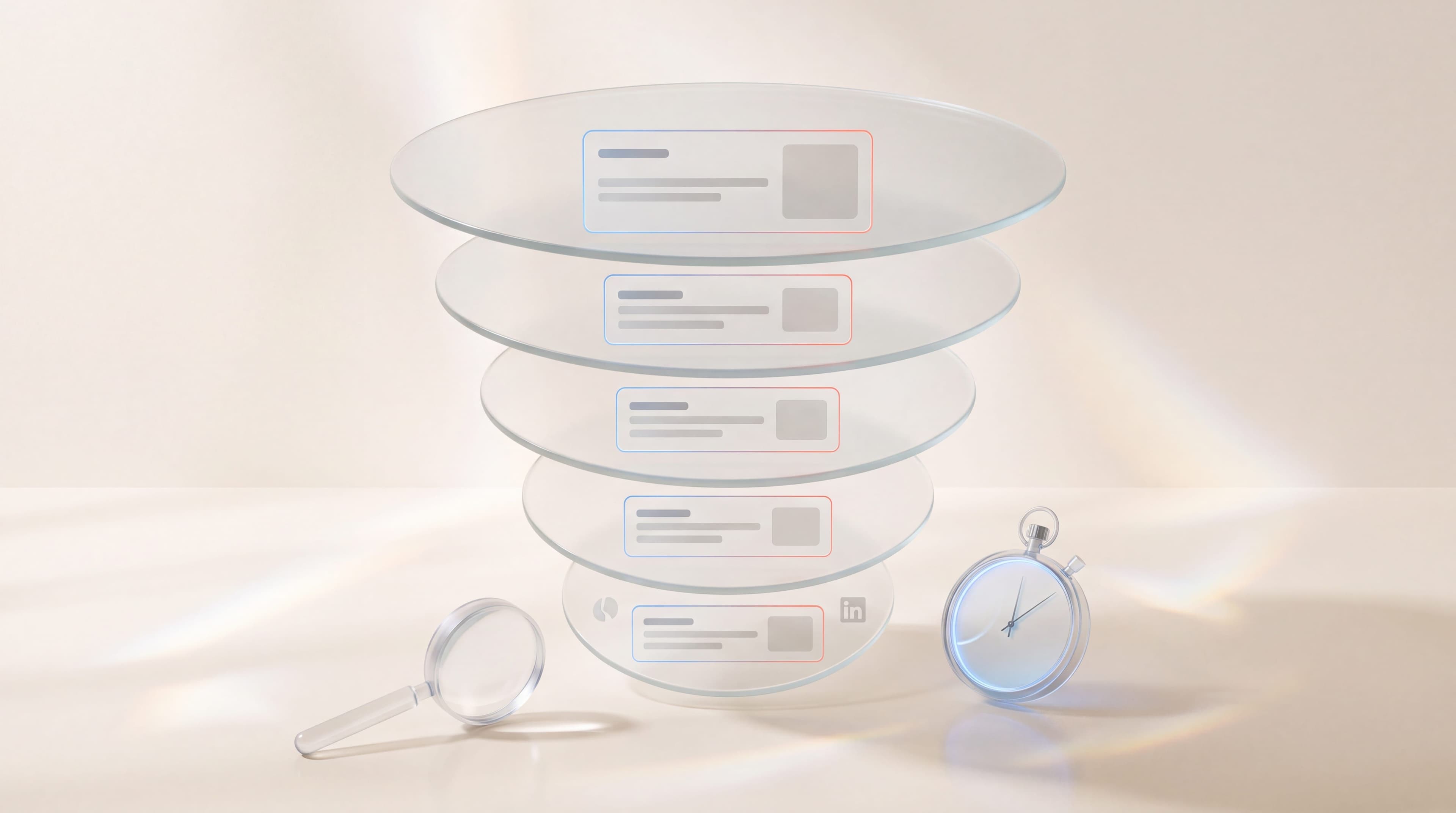 Five stacked glass funnel layers with metrics panels, a magnifying glass and stopwatch, for a B2B lead generation audit