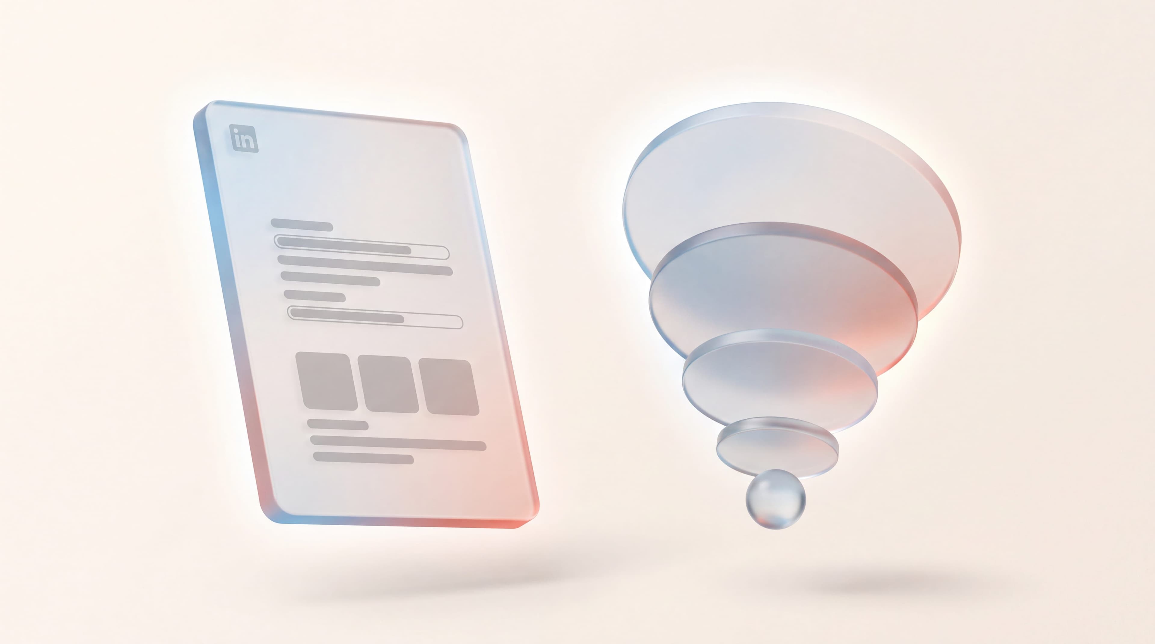 Glass funnel narrowing to a single sphere beside a LinkedIn metrics panel, illustrating customer acquisition