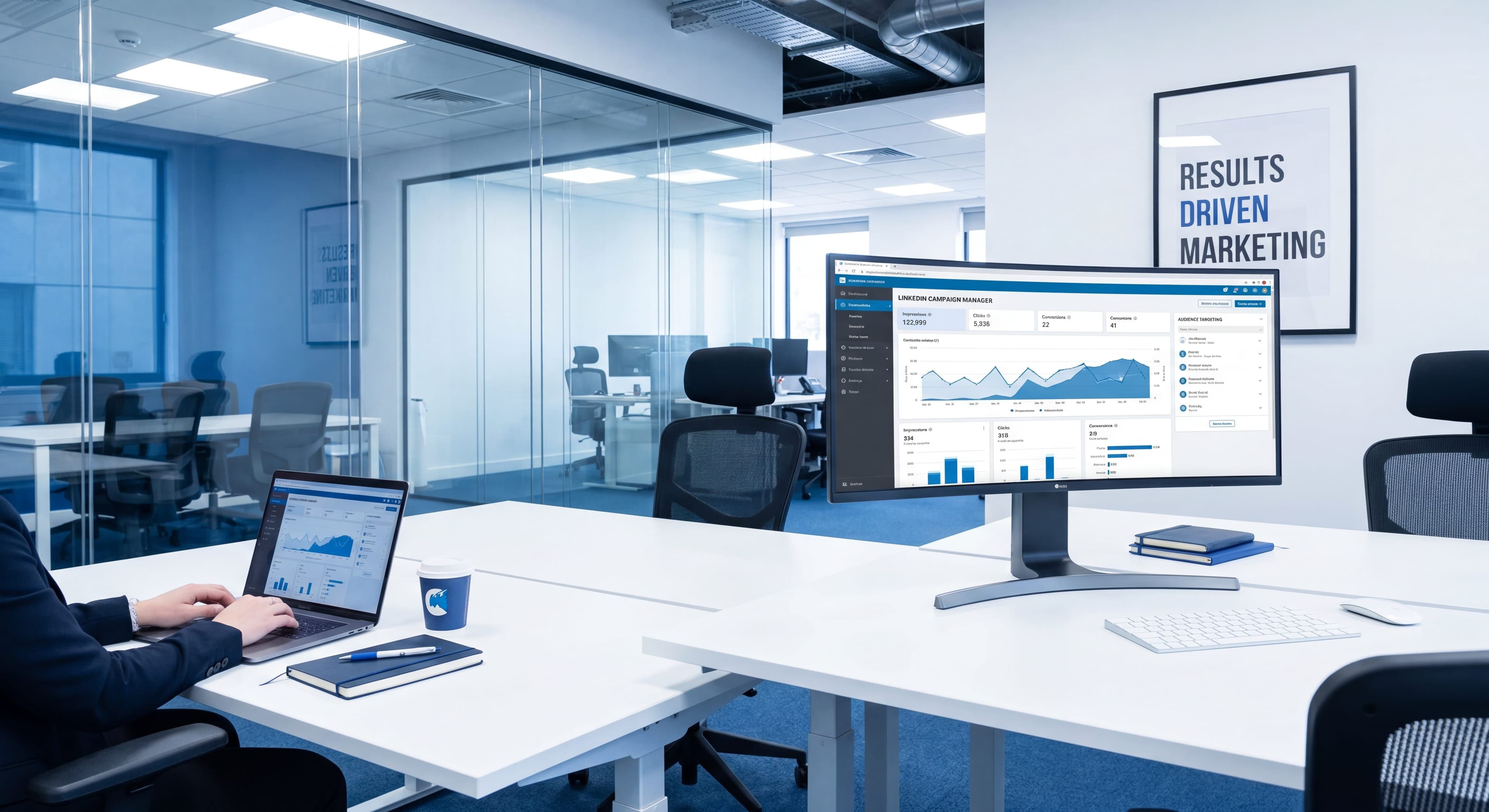 B2B marketing workspace with a LinkedIn advertising campaign dashboard on screen