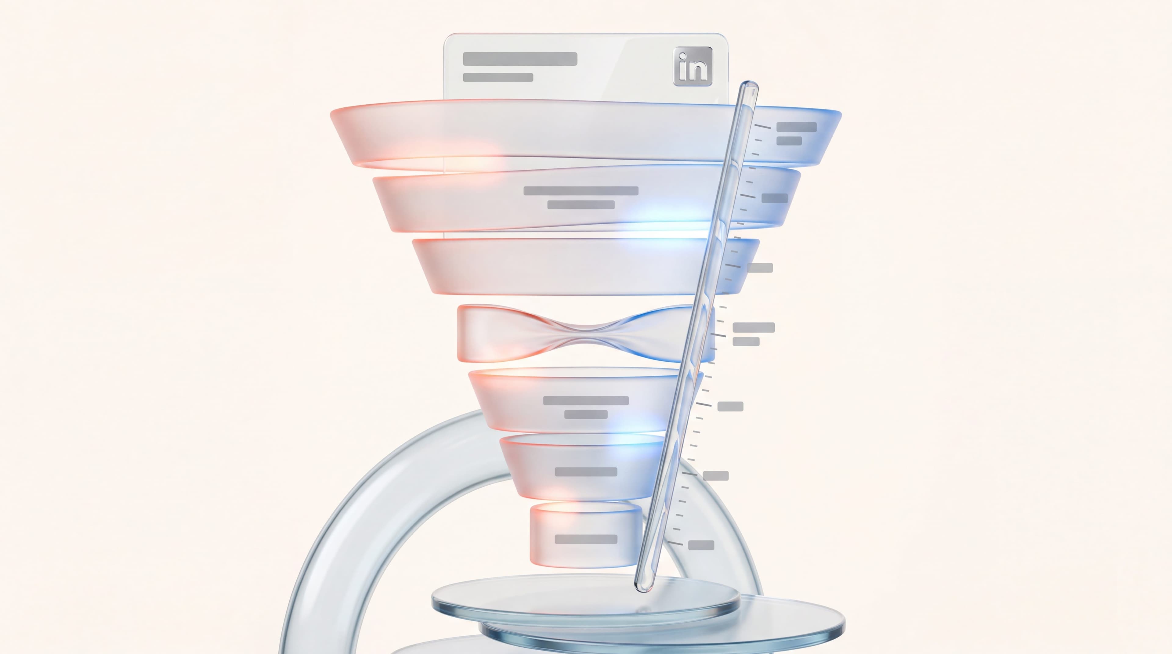 Stacked glass funnel bands with a measuring gauge beside them, one band narrowing sharply to show where a B2B funnel leaks