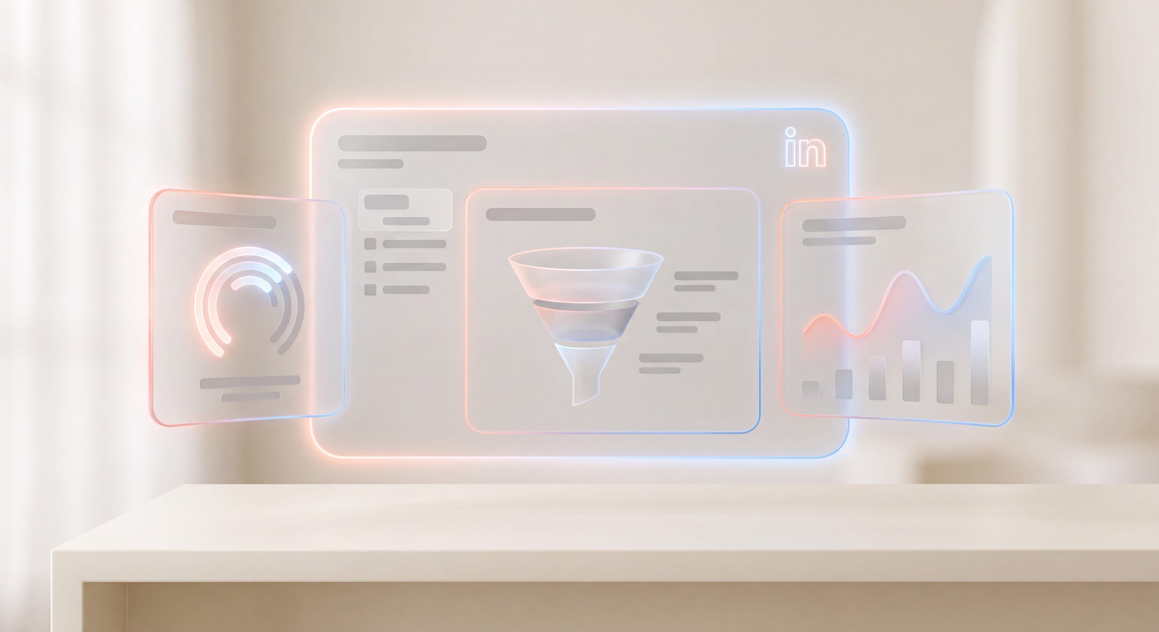 Glassmorphism LinkedIn Ads Campaign Manager dashboard with audience targeting funnel, budget panel, and performance chart