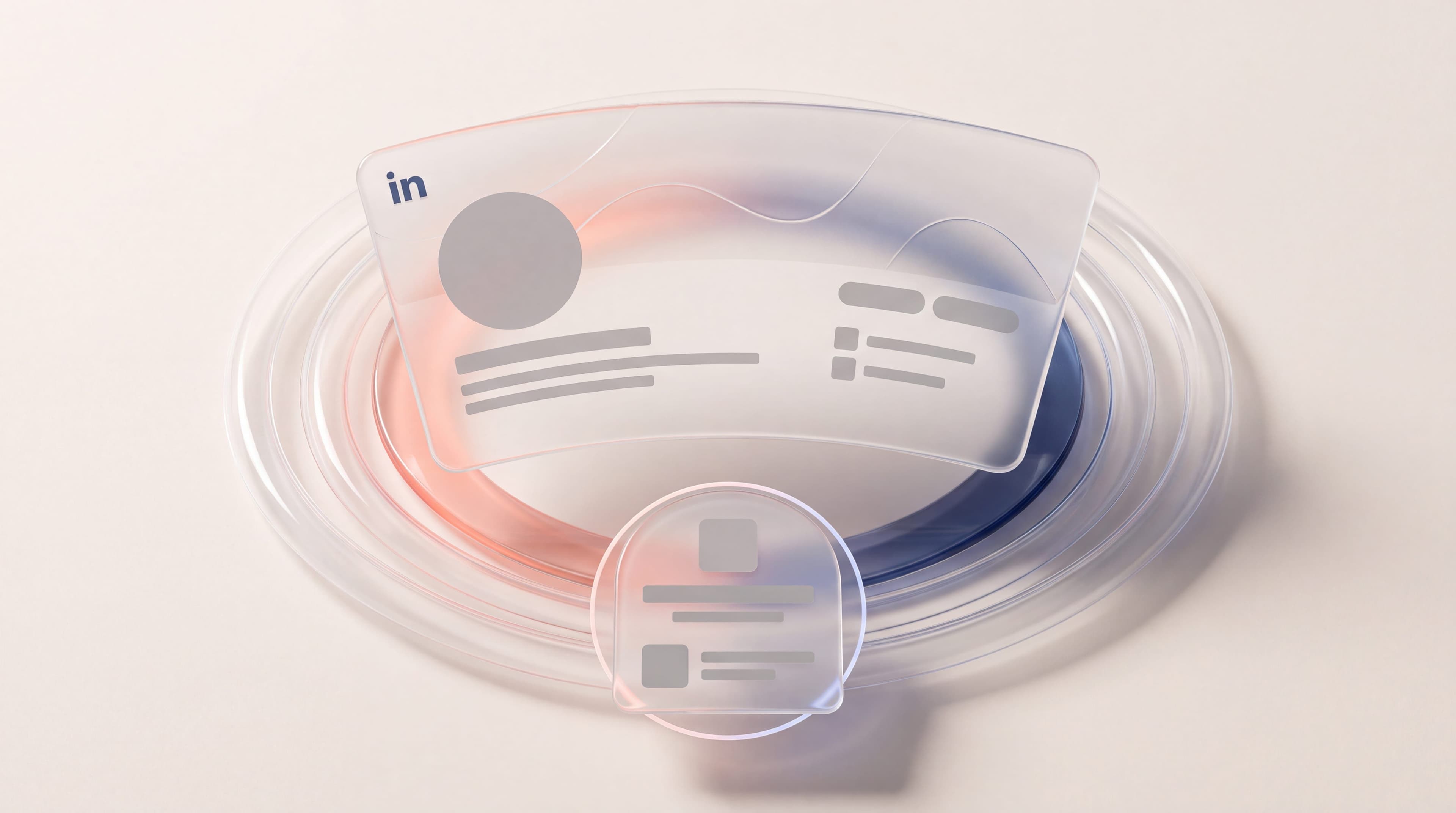 Glassmorphic LinkedIn post card from a person's profile amplified by rings of reach above a smaller company page card