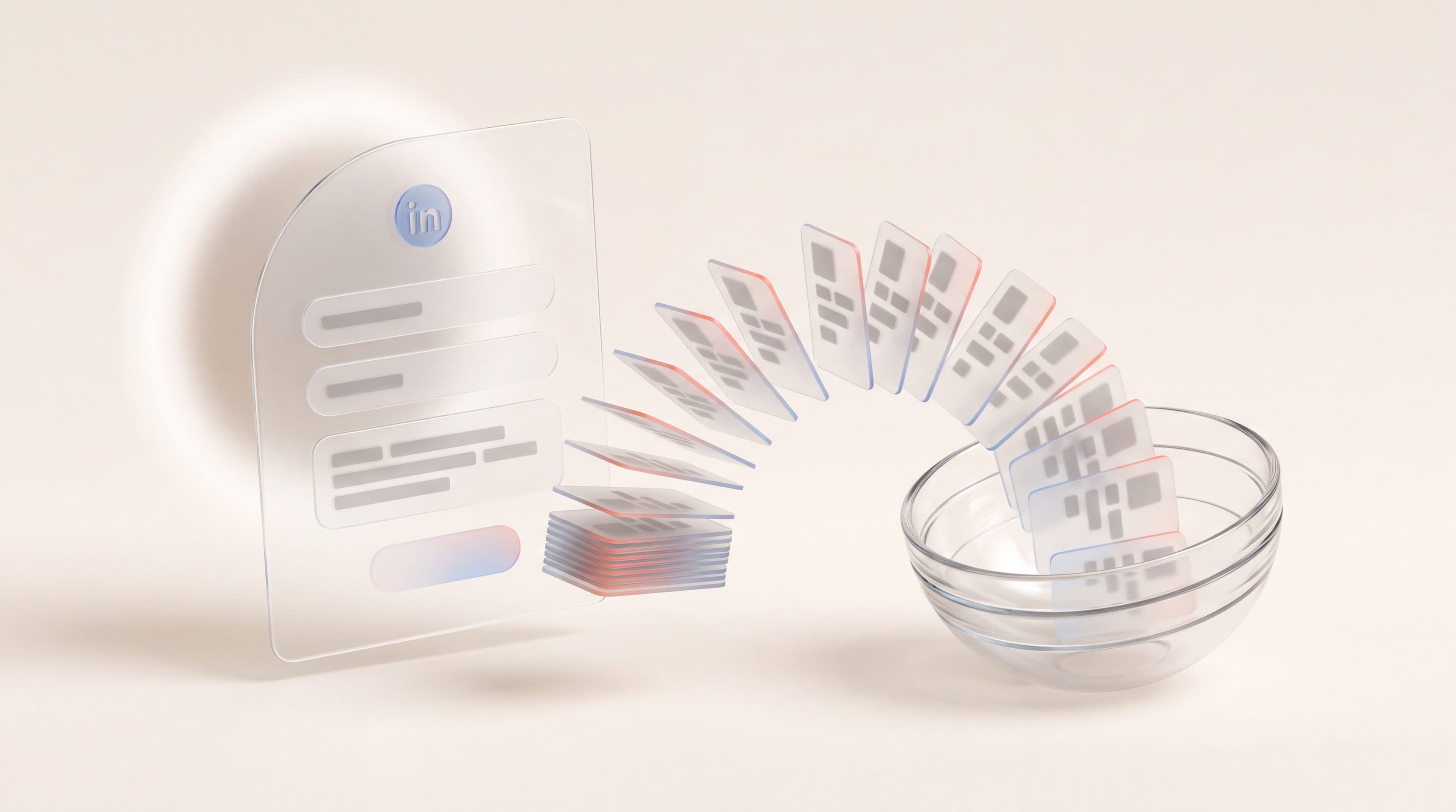Frosted glass LinkedIn Lead Gen Form with pre-filled fields, lead cards arcing into a glass collection bowl