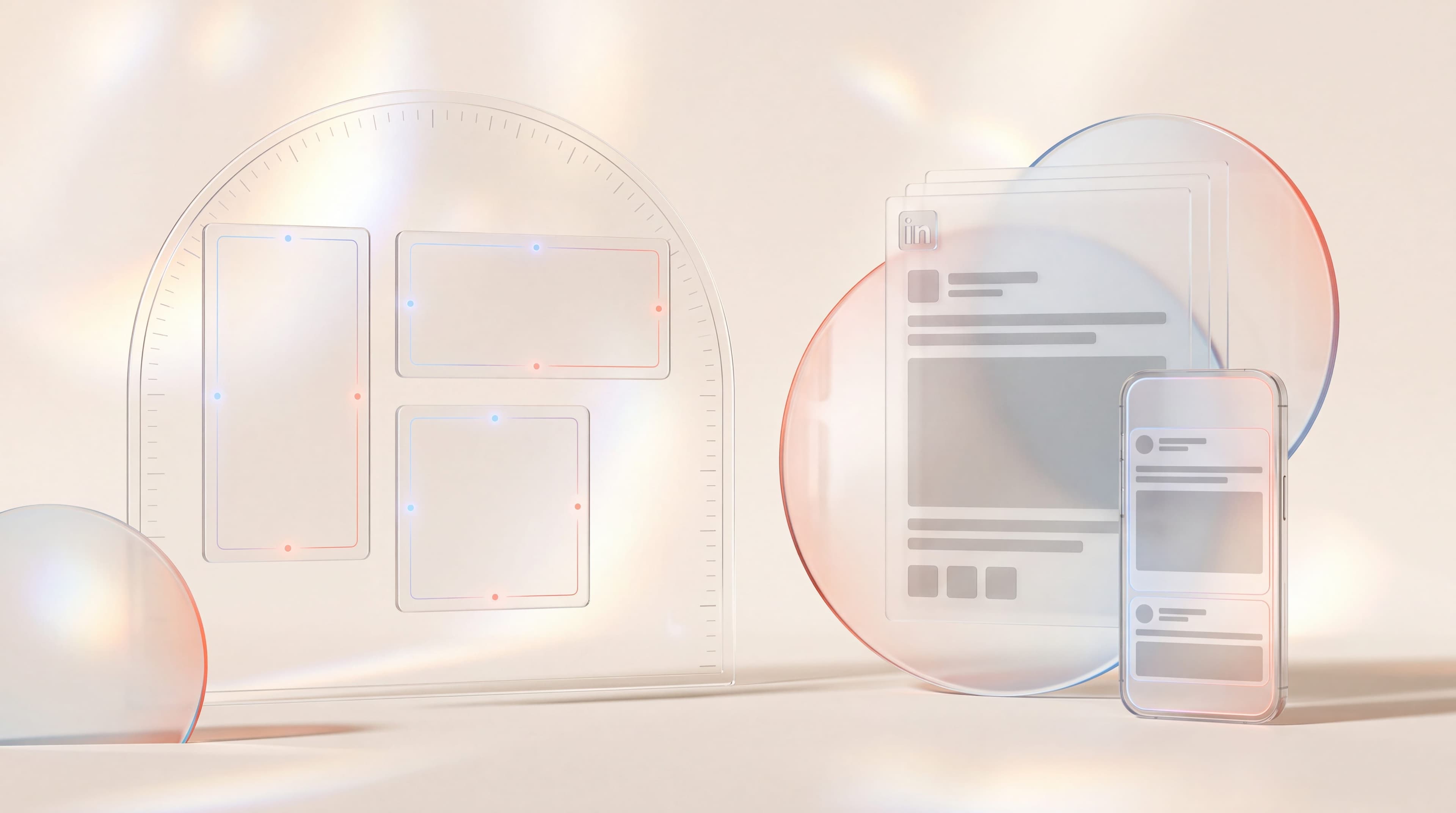 Glass panels showing LinkedIn ad sizes and aspect ratios beside a phone displaying a feed post