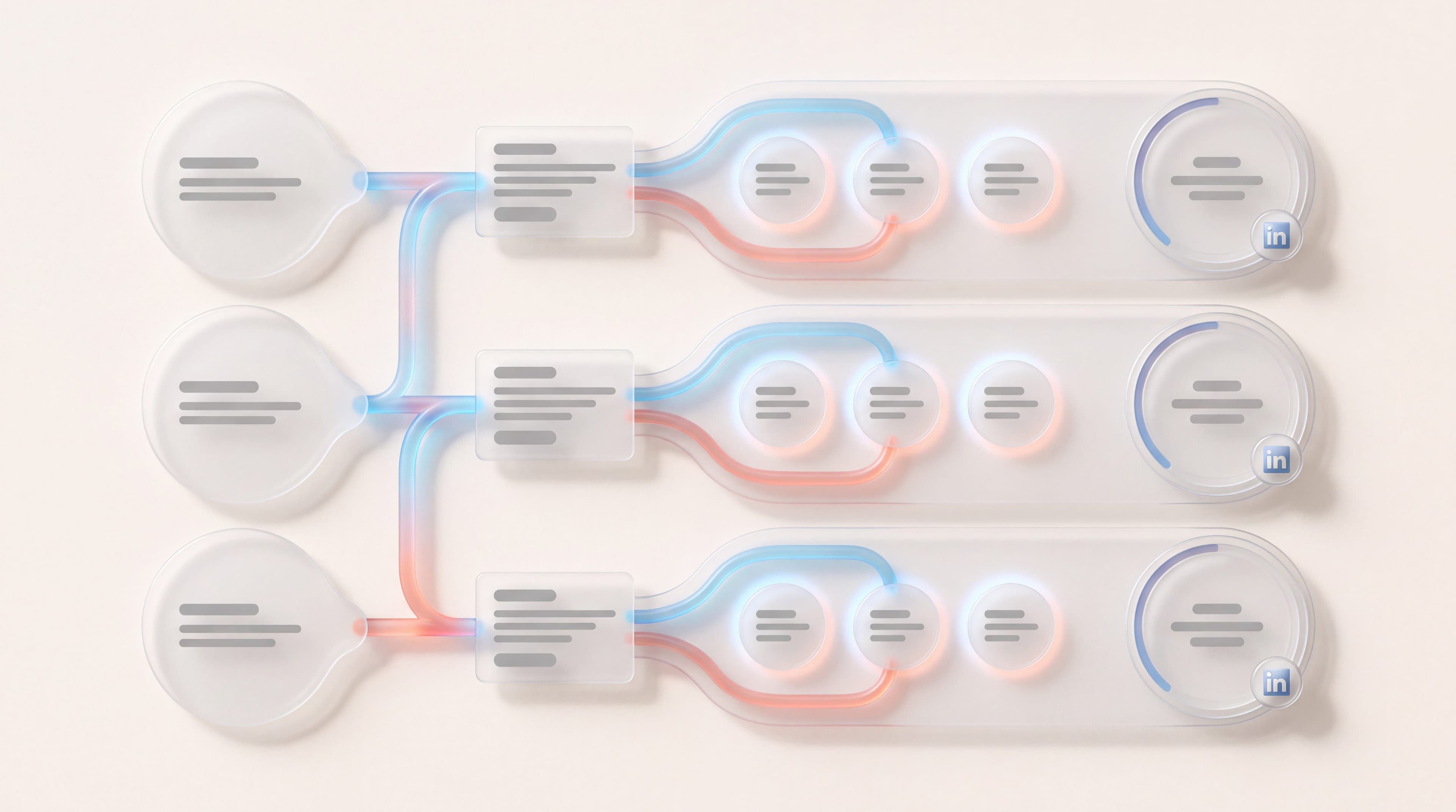 Three lead generation campaign sequences as frosted glass flows from audience to offer, outreach and a single metric