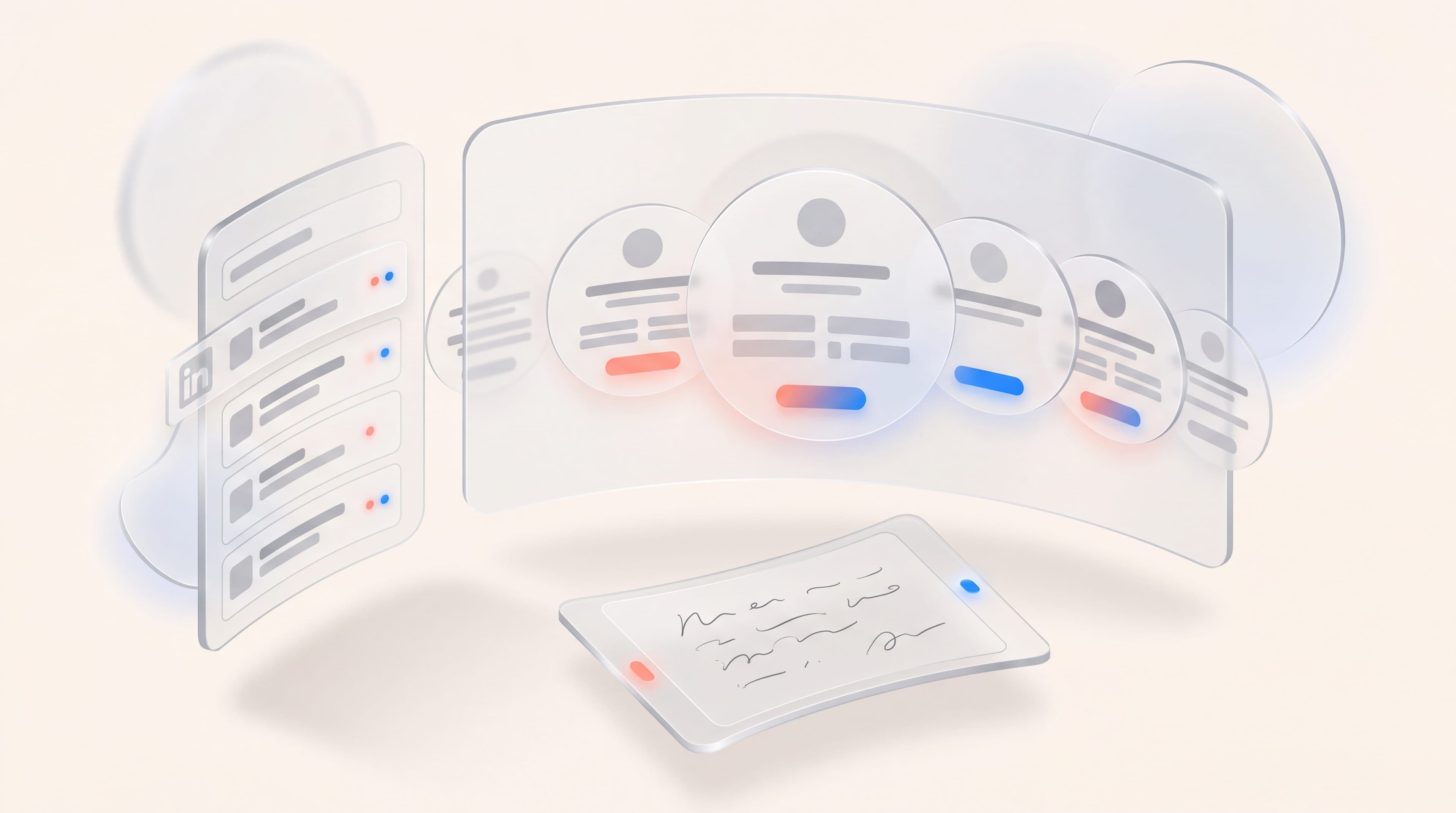 Glassy AI sales prospecting dashboard with account research cards, a prospect list and buying signals