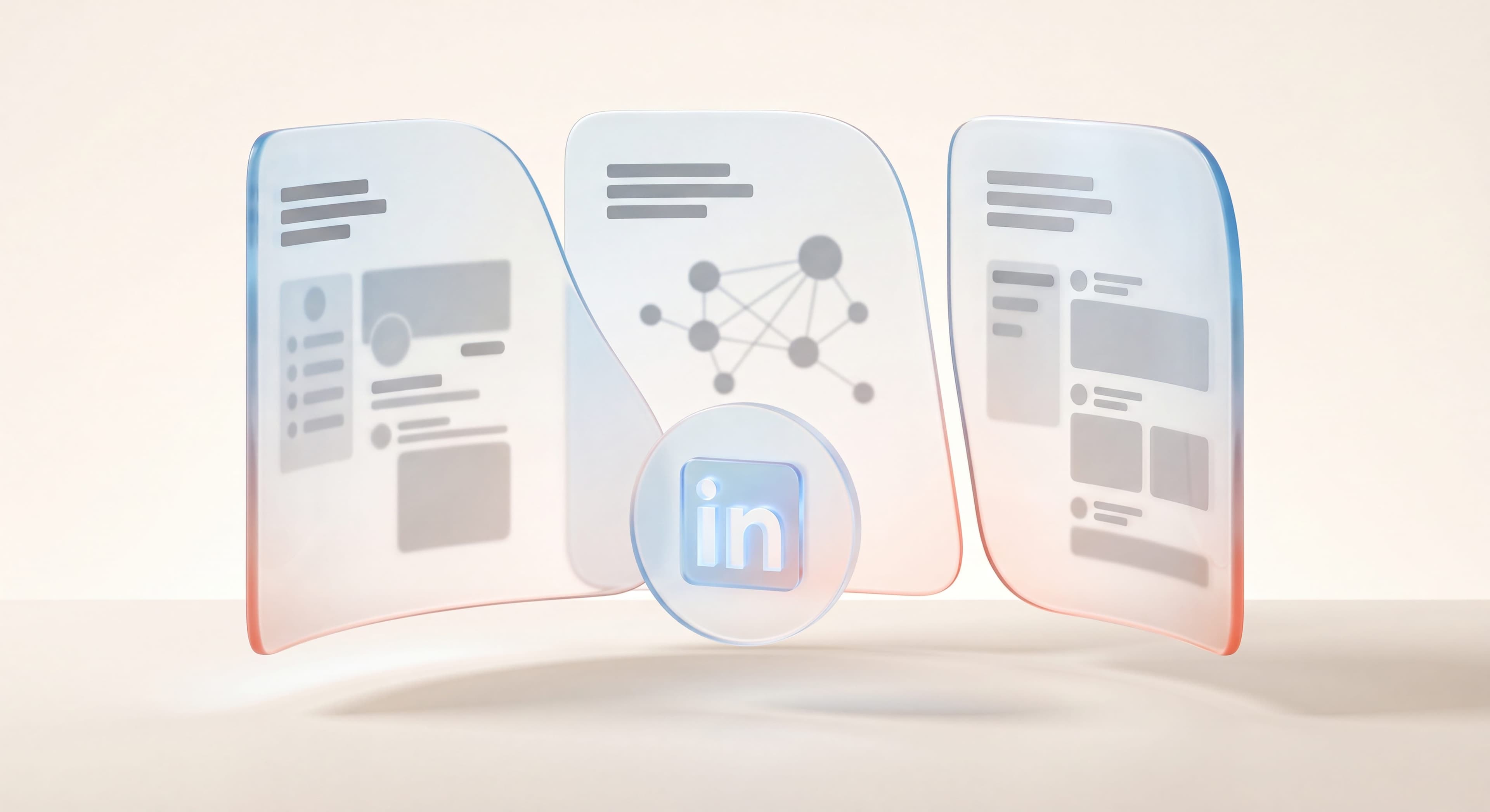 Three glass panels for personal branding, outreach, and ads converging into one LinkedIn marketing strategy for B2B