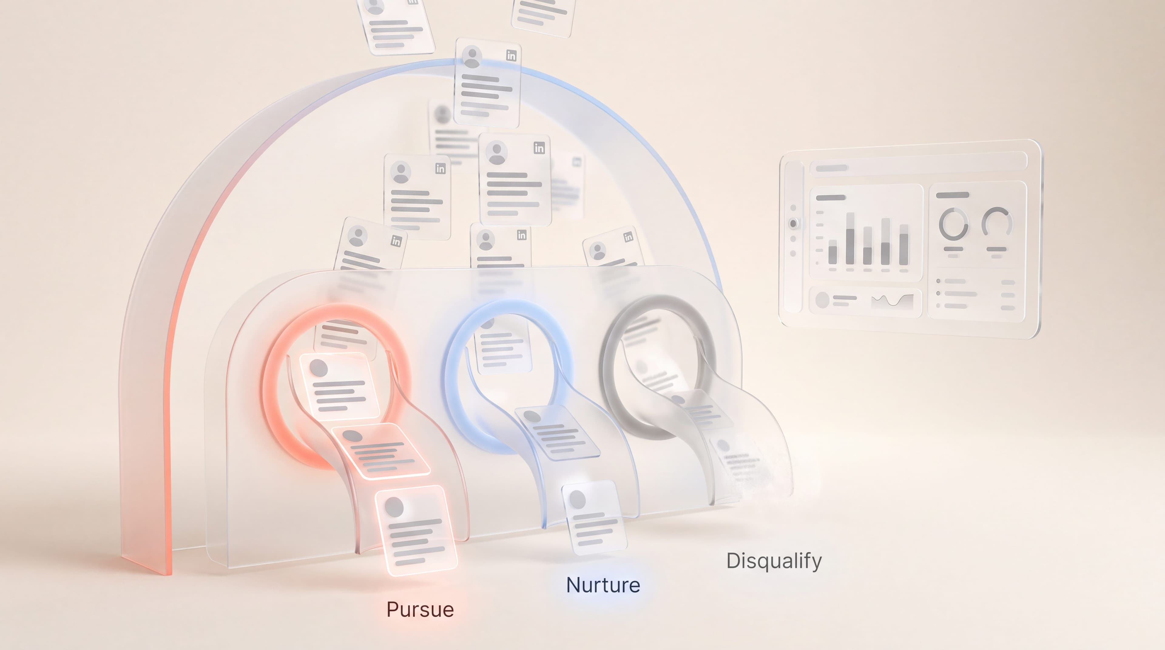 Glass funnel sorting LinkedIn lead profile cards into pursue, nurture and disqualify streams