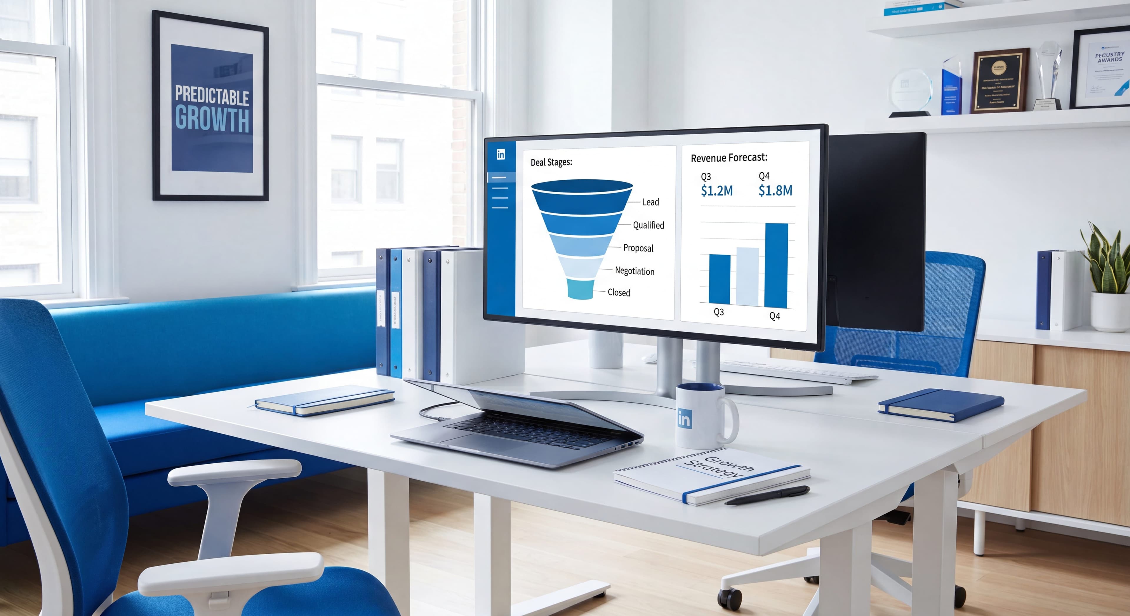Sales pipeline dashboard on screen showing deal stages and revenue forecast in a modern B2B workspace