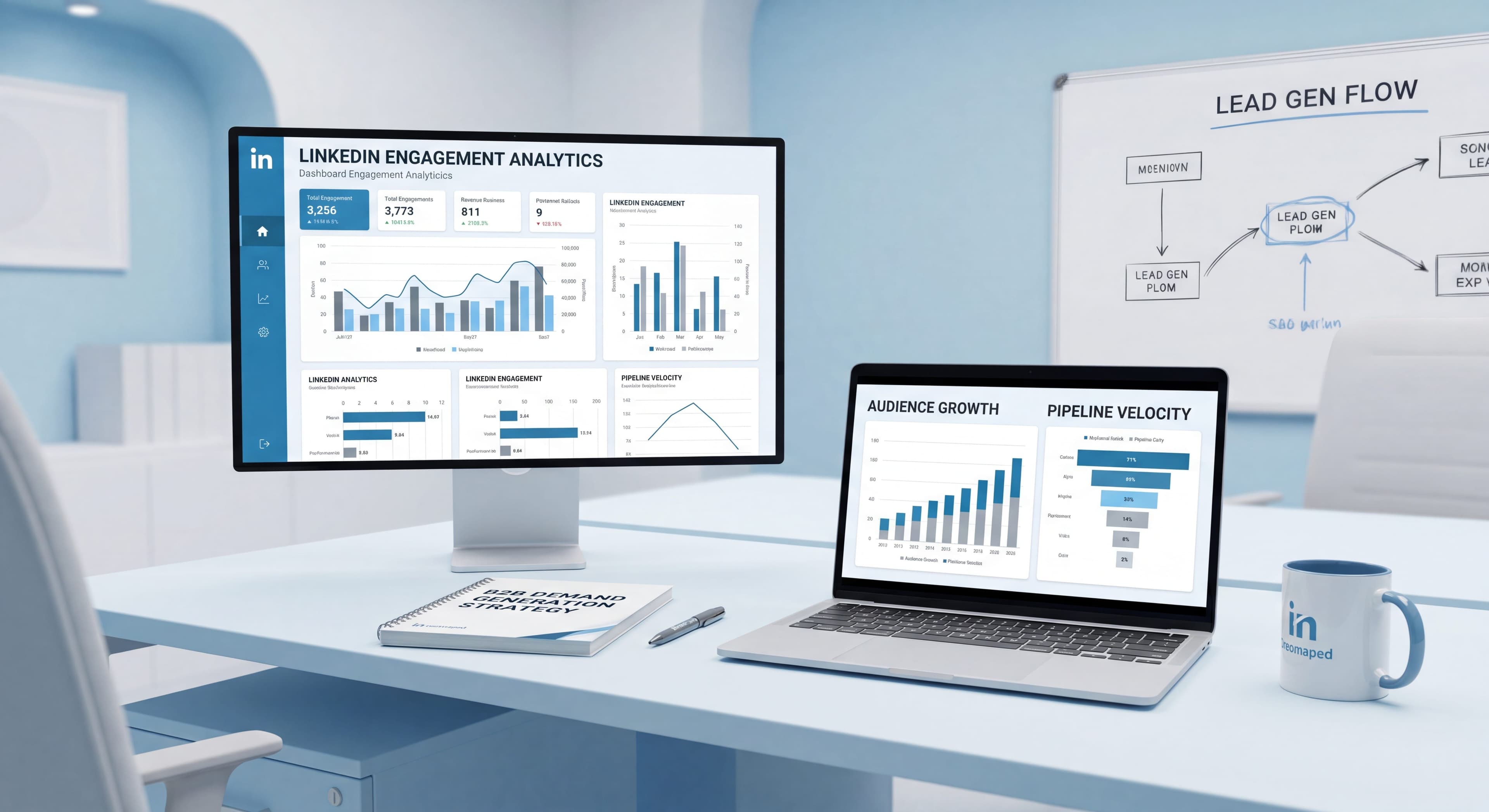 B2B marketing workspace with a LinkedIn engagement dashboard showing audience growth and pipeline charts