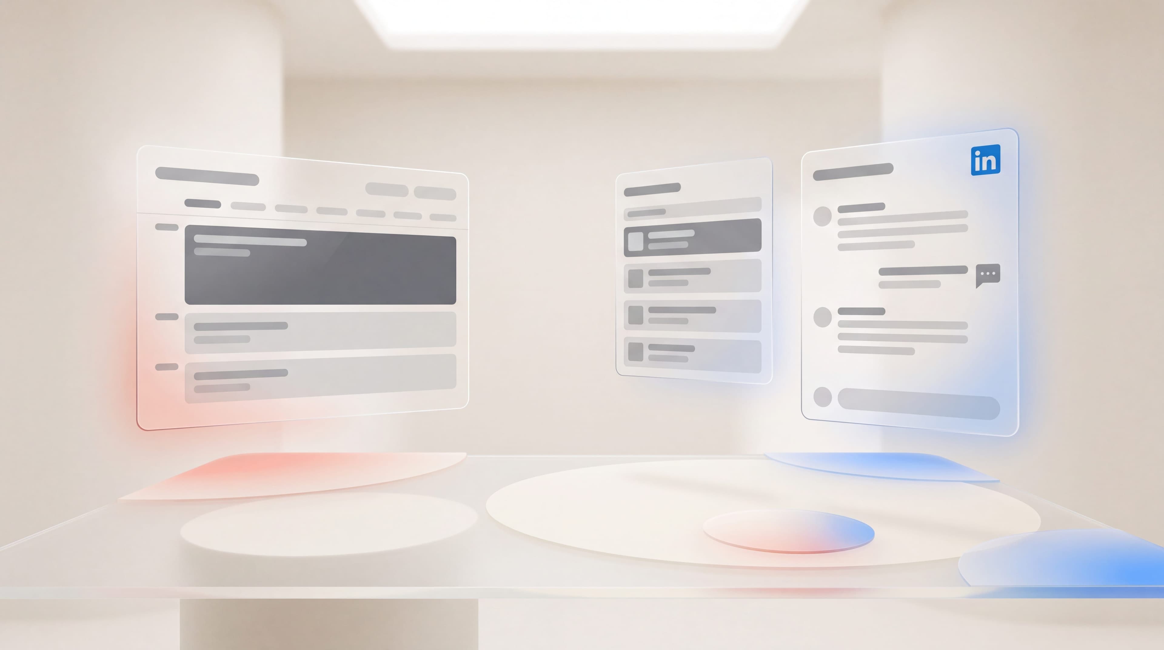 Frosted glass panels showing a schedule view, an account list and a message thread, illustrating B2B appointment setting