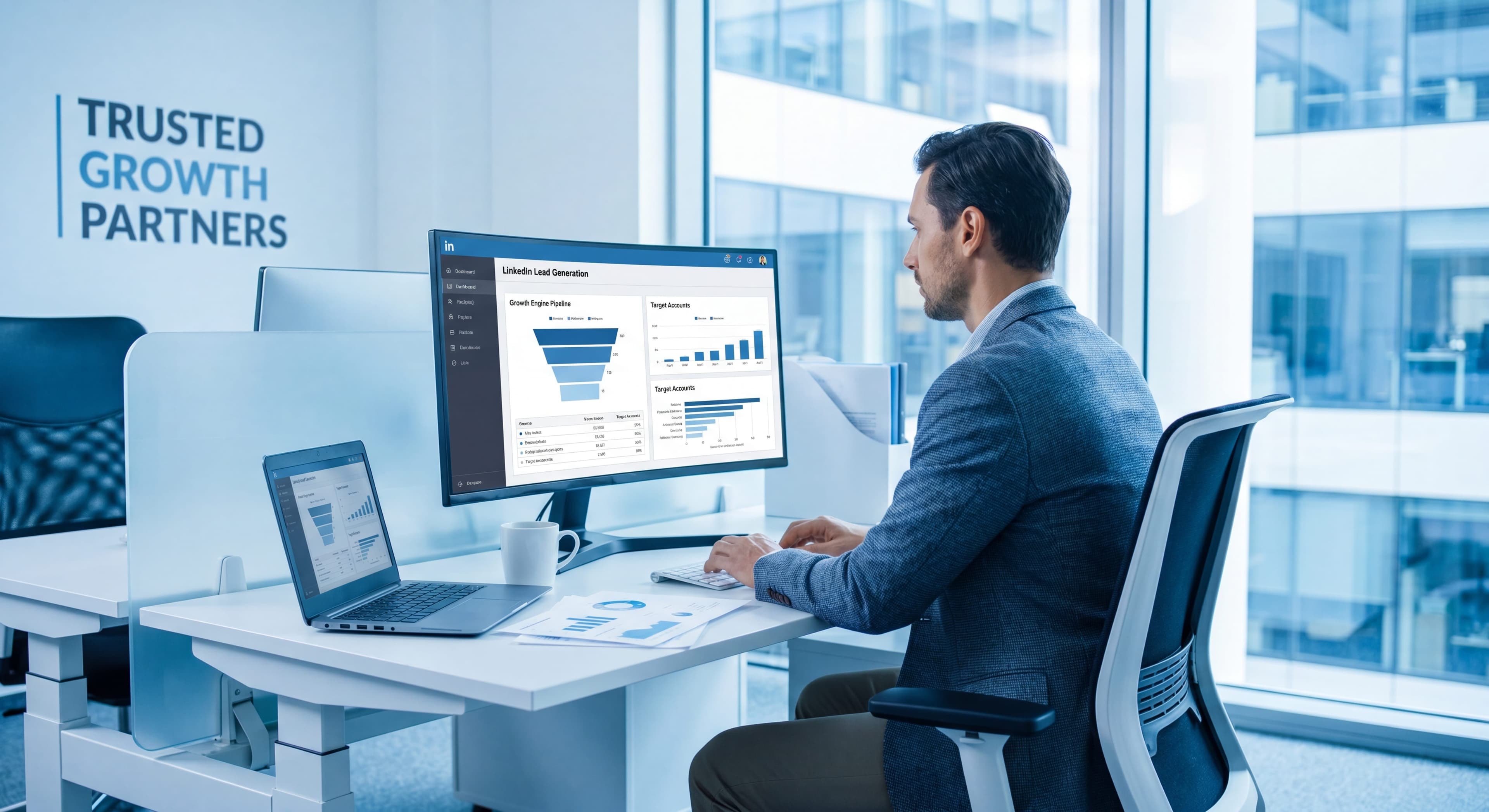 Marketing professional reviewing a LinkedIn B2B lead generation dashboard with pipeline charts