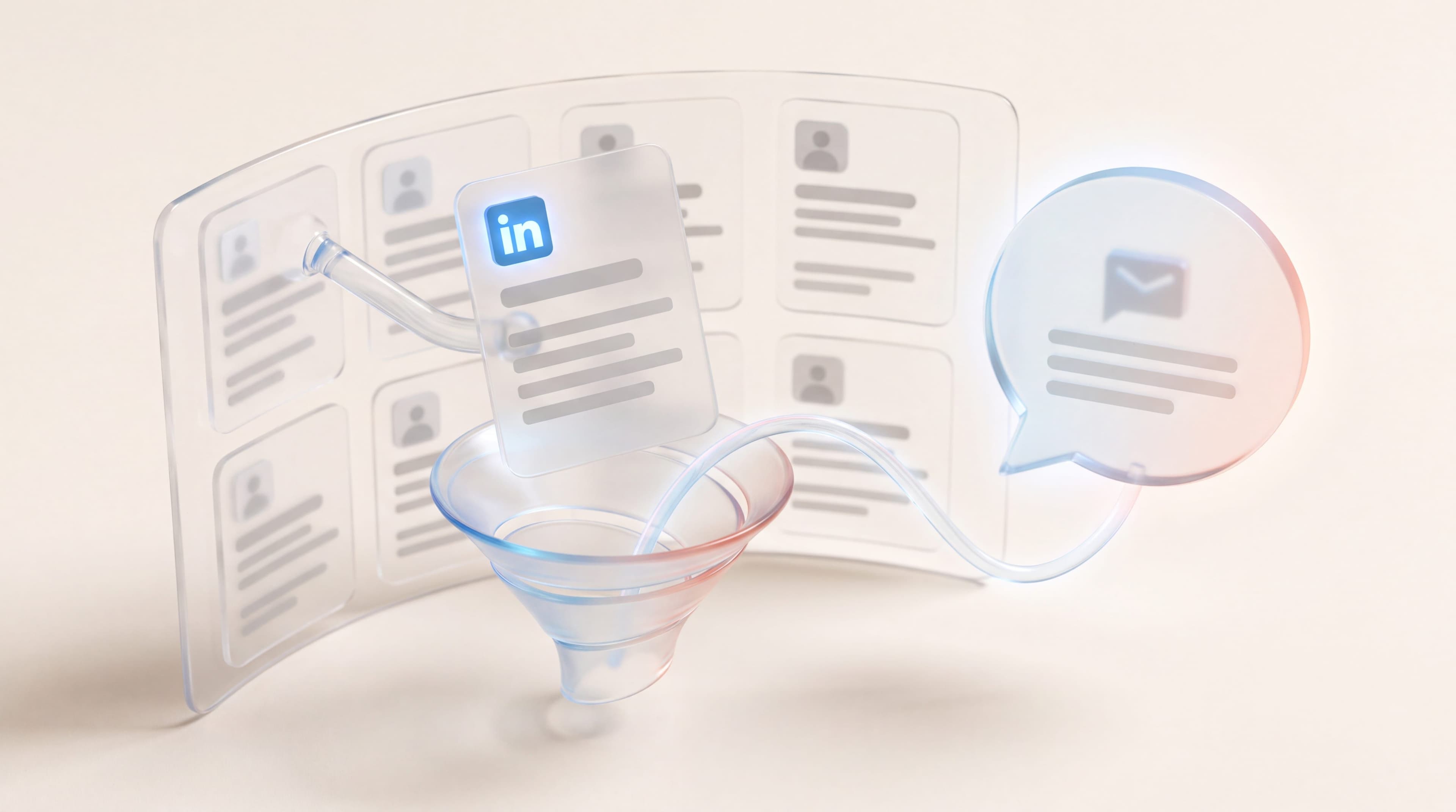 Glass prospect profile card with a LinkedIn logo lifted from a grid of contacts, flowing through a funnel to a reply