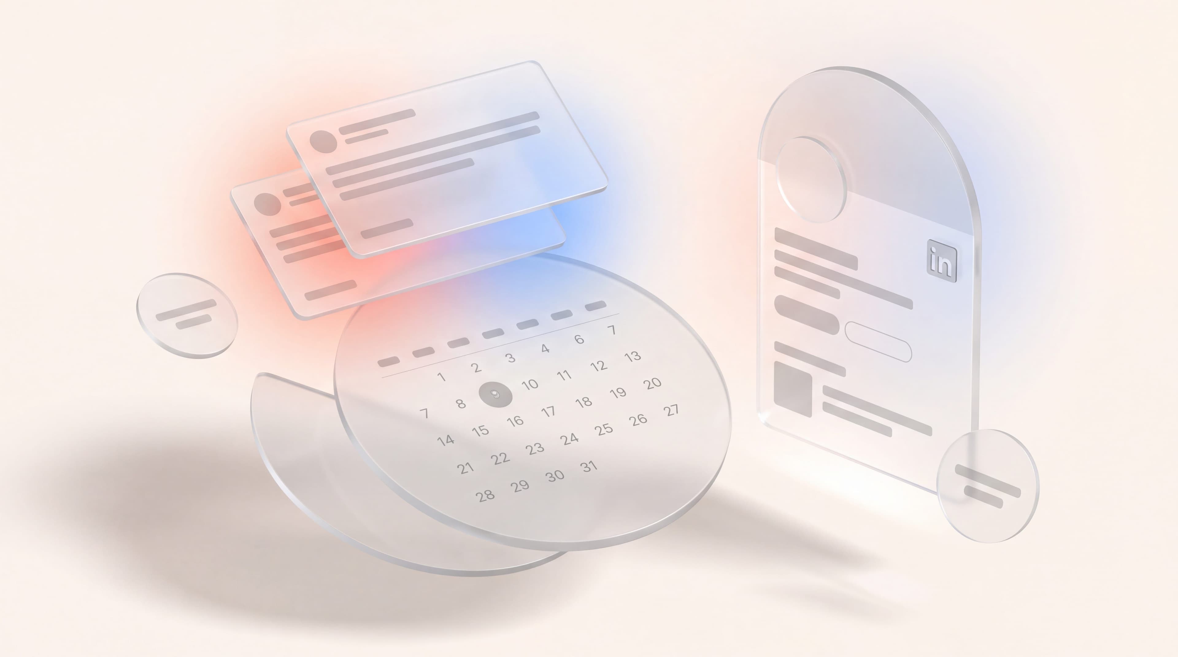 LinkedIn content agency: glass profile panel with executive post drafts above a weekly editorial calendar