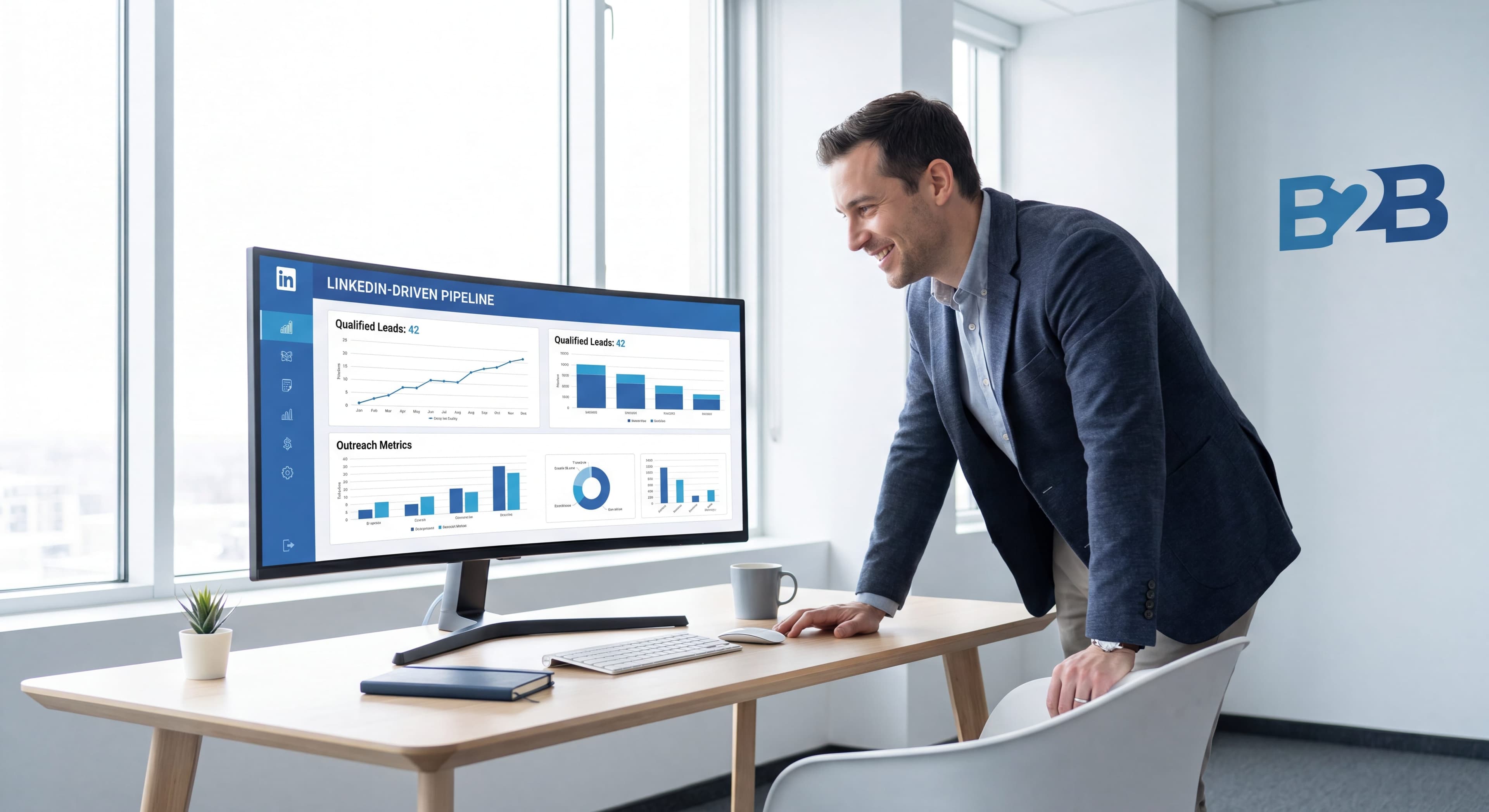 B2B sales workspace with a LinkedIn-driven lead generation pipeline dashboard on screen