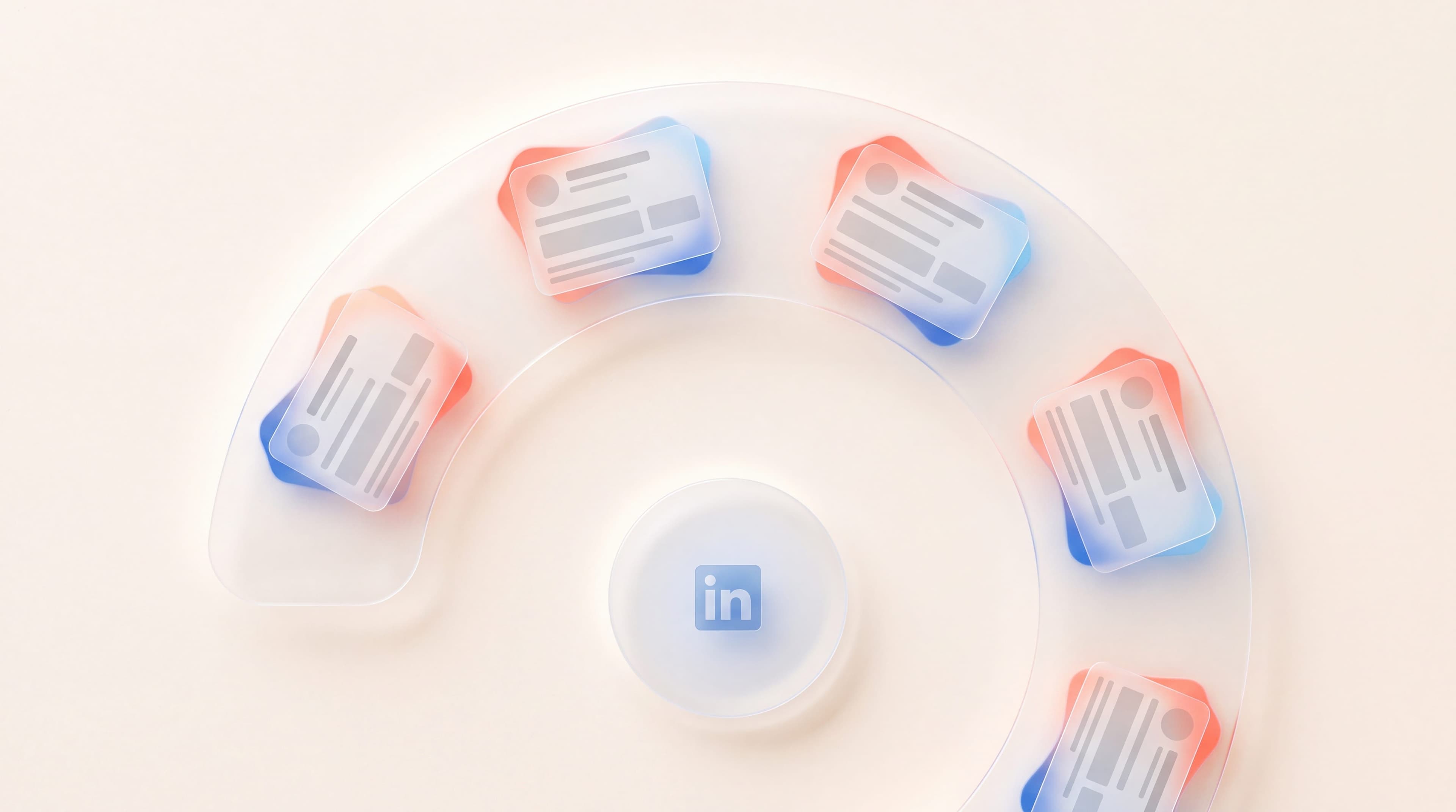 Glass panels tracing a long software buying cycle, with stakeholder cards arranged around a LinkedIn logo disc