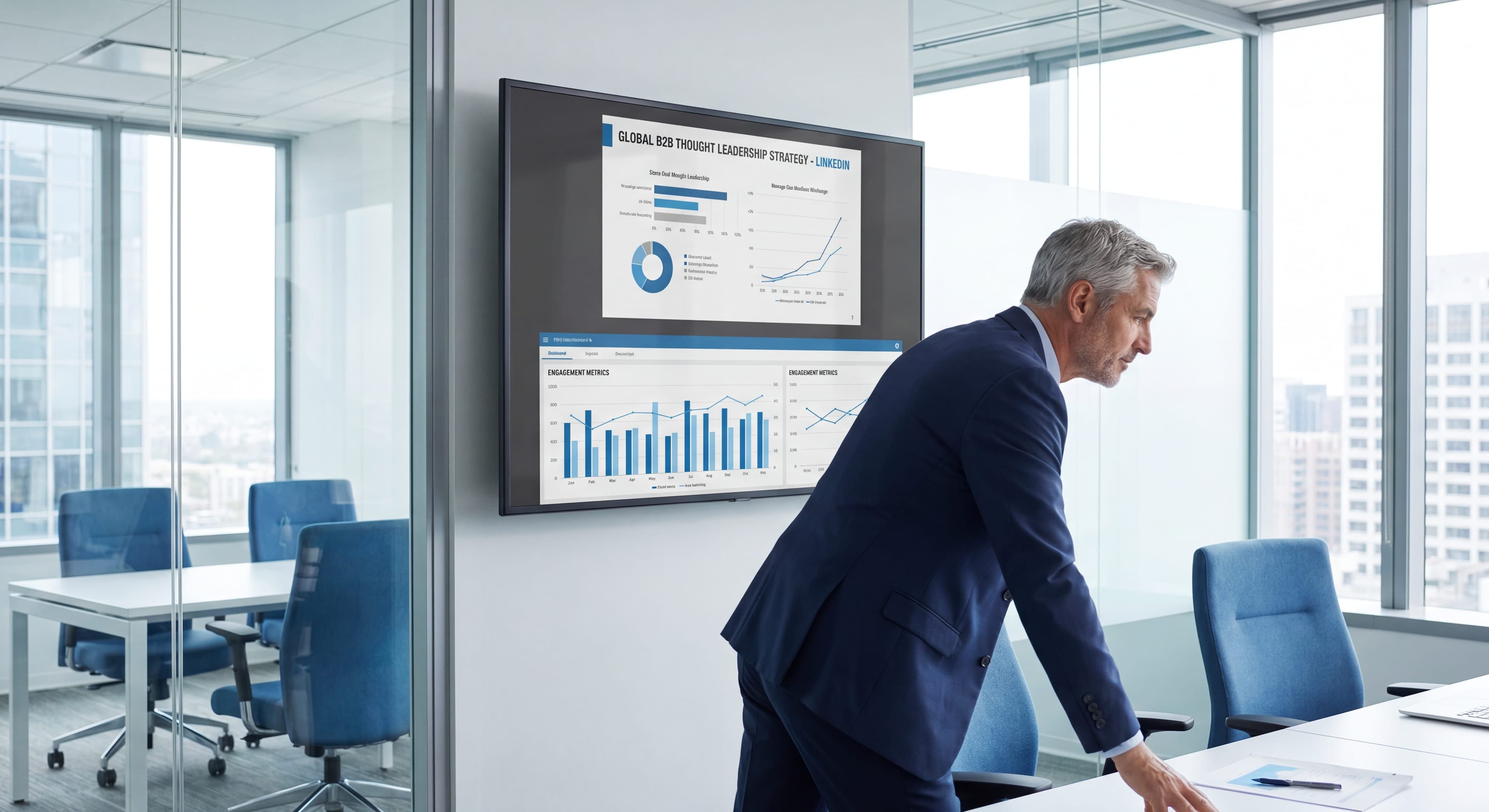 Executive reviewing a B2B content marketing strategy and LinkedIn engagement dashboard in a modern office