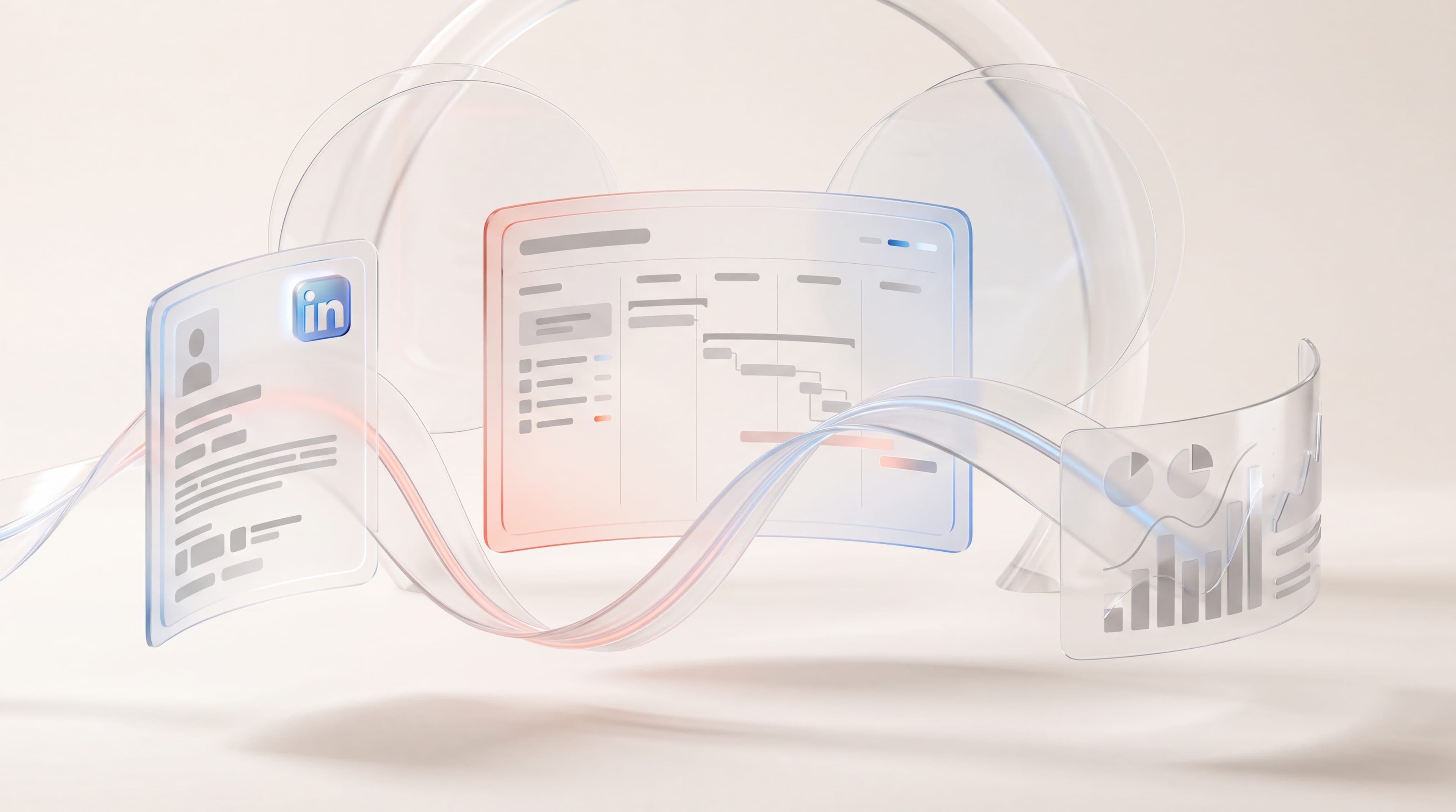 Glass panels showing a LinkedIn profile, a strategy plan and a results chart for LinkedIn marketing consulting