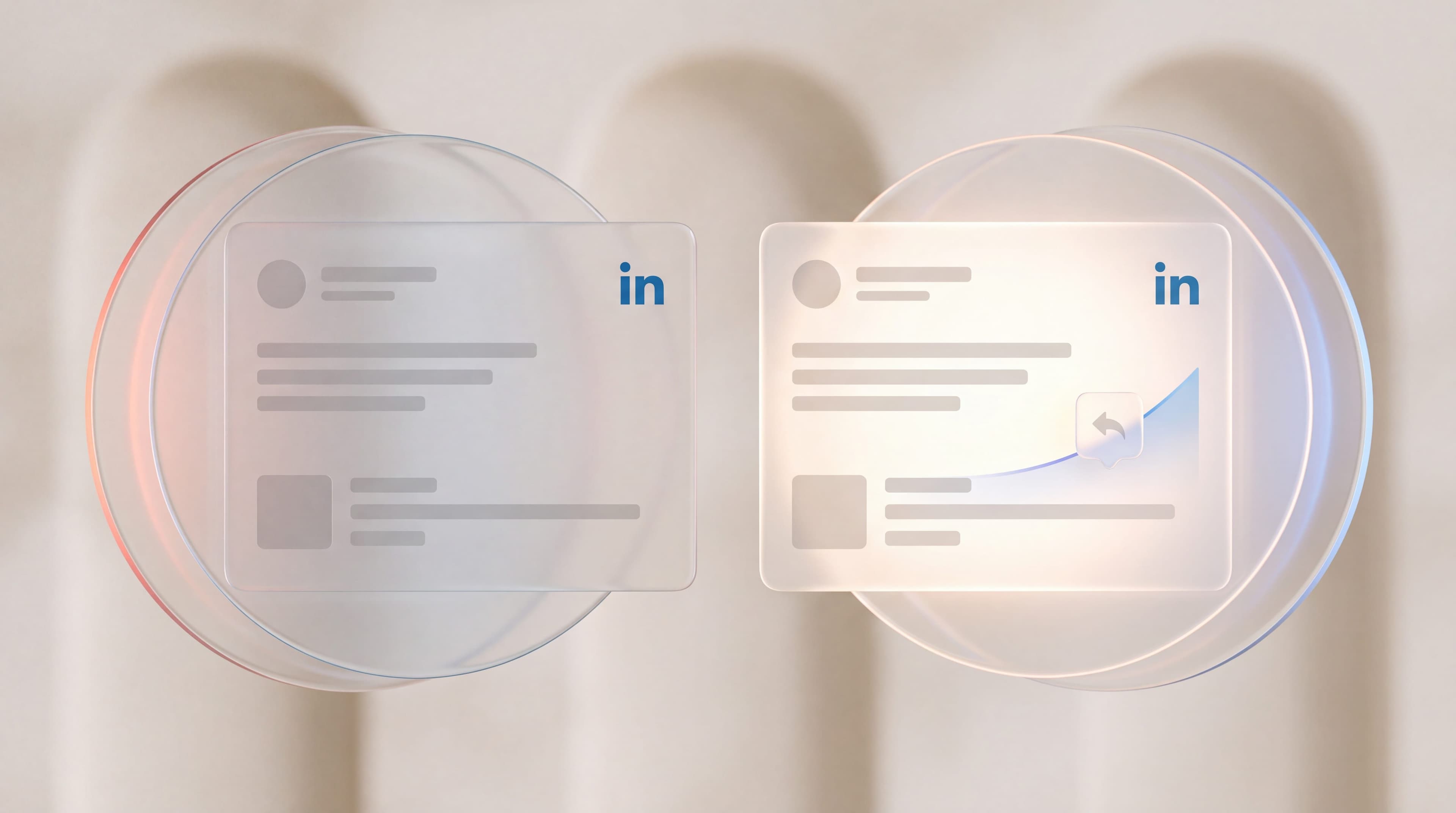A weak outreach line and its rewrite shown side by side on frosted glass message cards