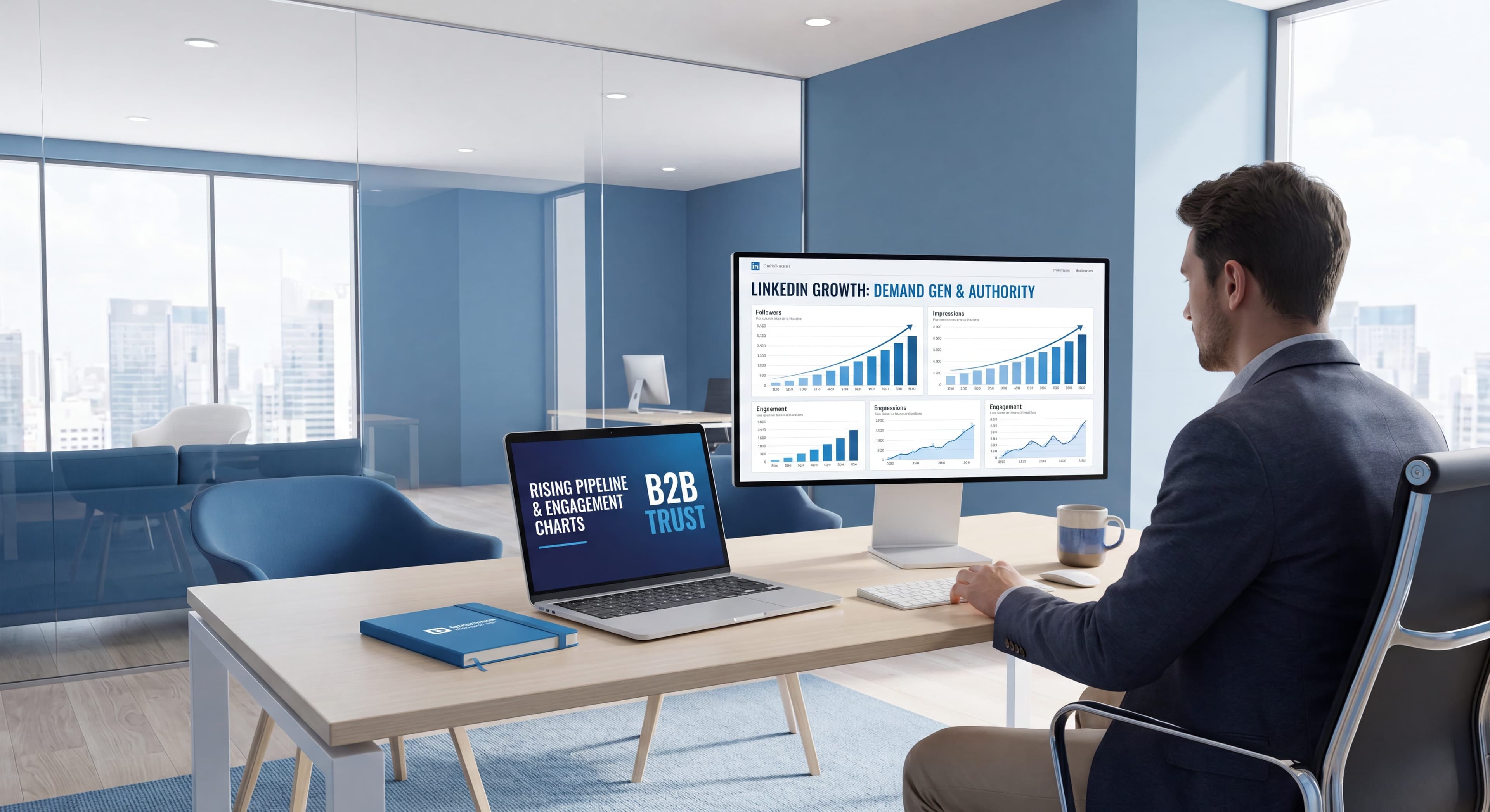 B2B demand generation workspace with LinkedIn pipeline and engagement dashboard on screen
