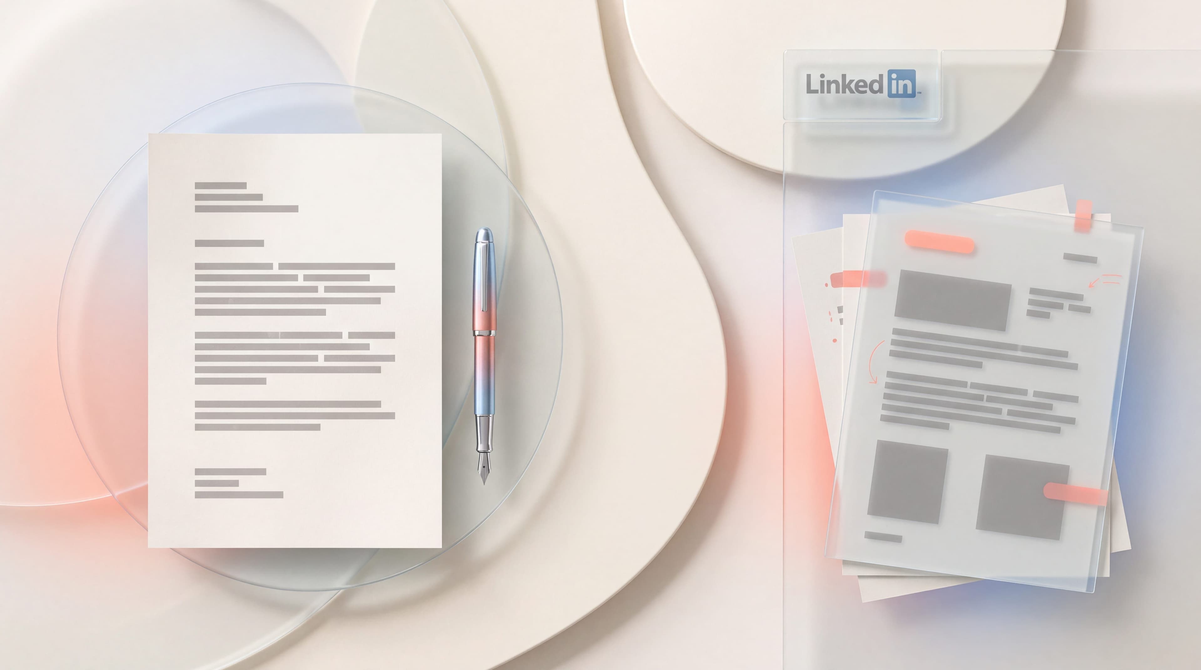 Thought leadership article draft and fountain pen on a glass desk beside annotated pages and a LinkedIn logo