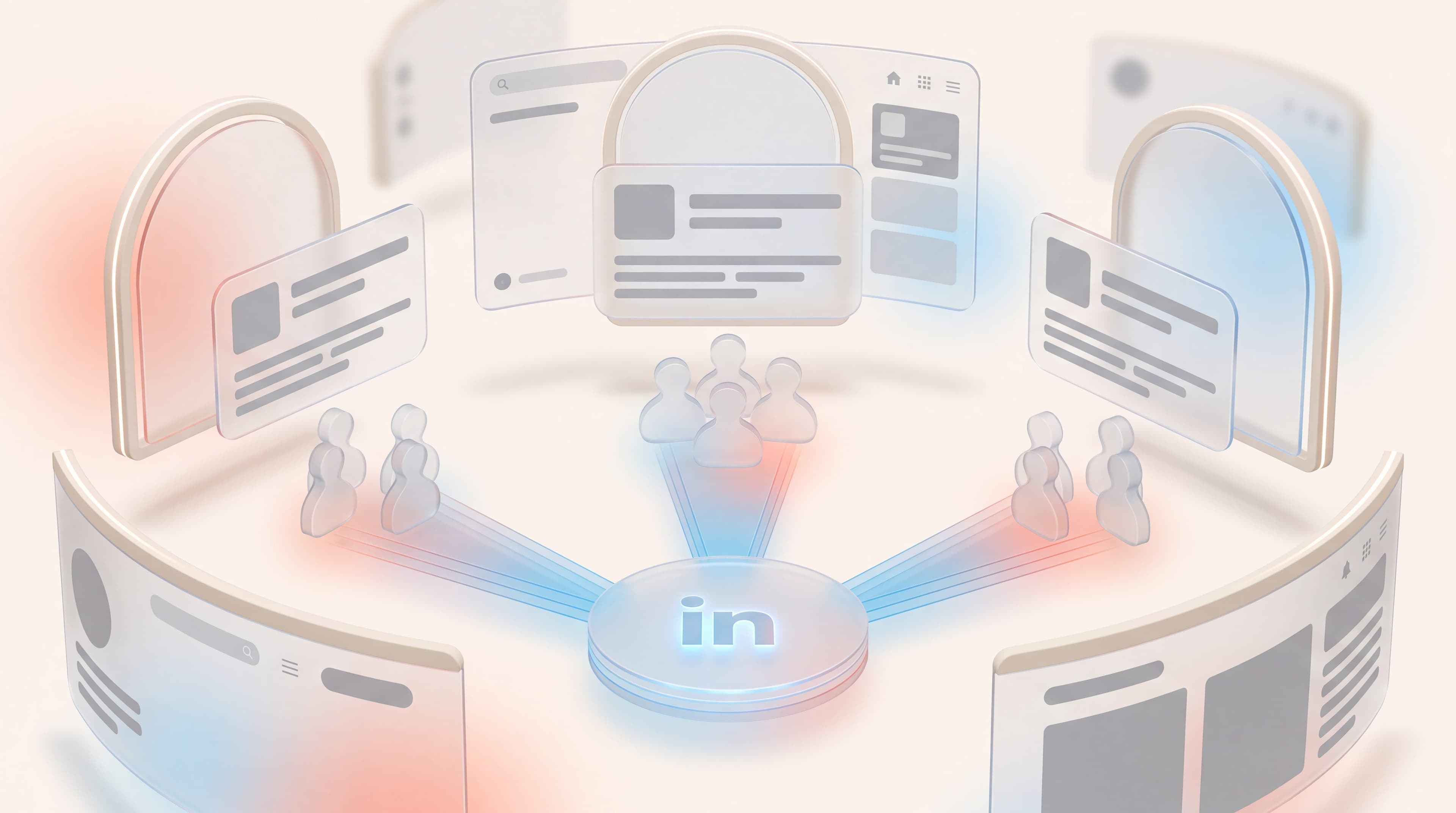 Frosted-glass company cards and buying-committee figures reached by LinkedIn beams, account based marketing