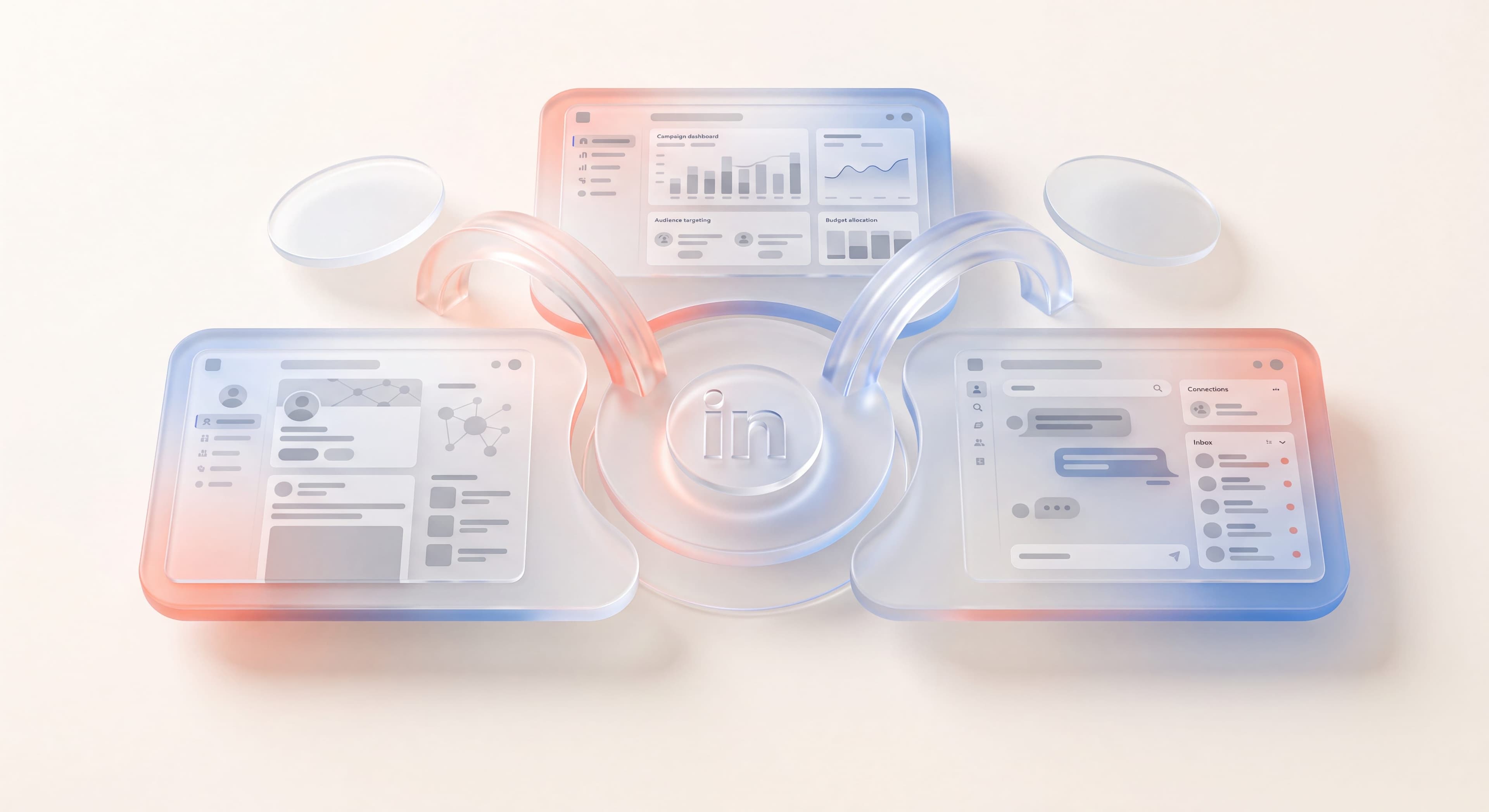 Three connected glass panels representing LinkedIn personal branding, outreach, and ads working as one B2B sales engine