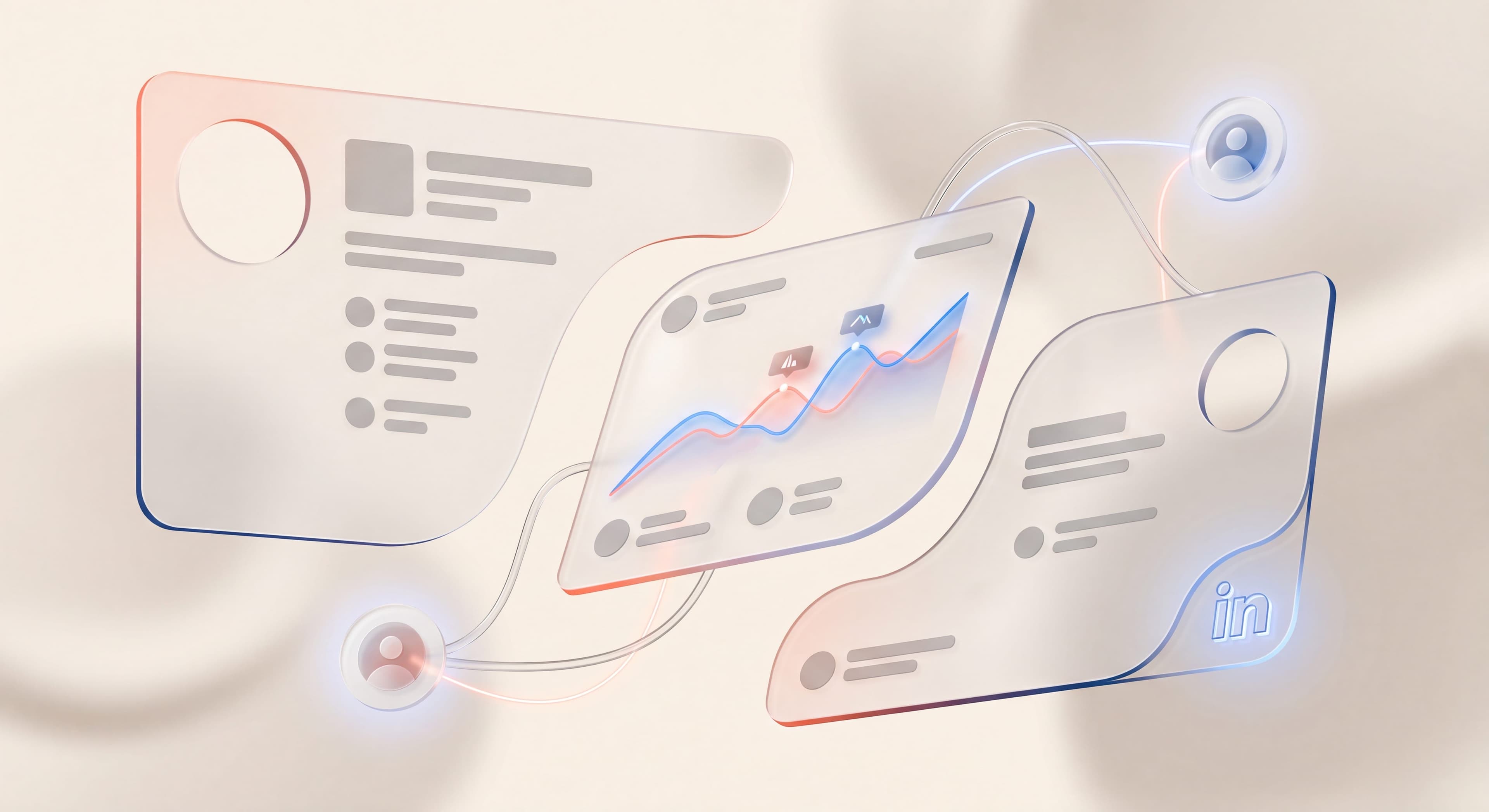 LinkedIn social selling dashboard with connection nodes and a rising engagement graph for B2B lead generation