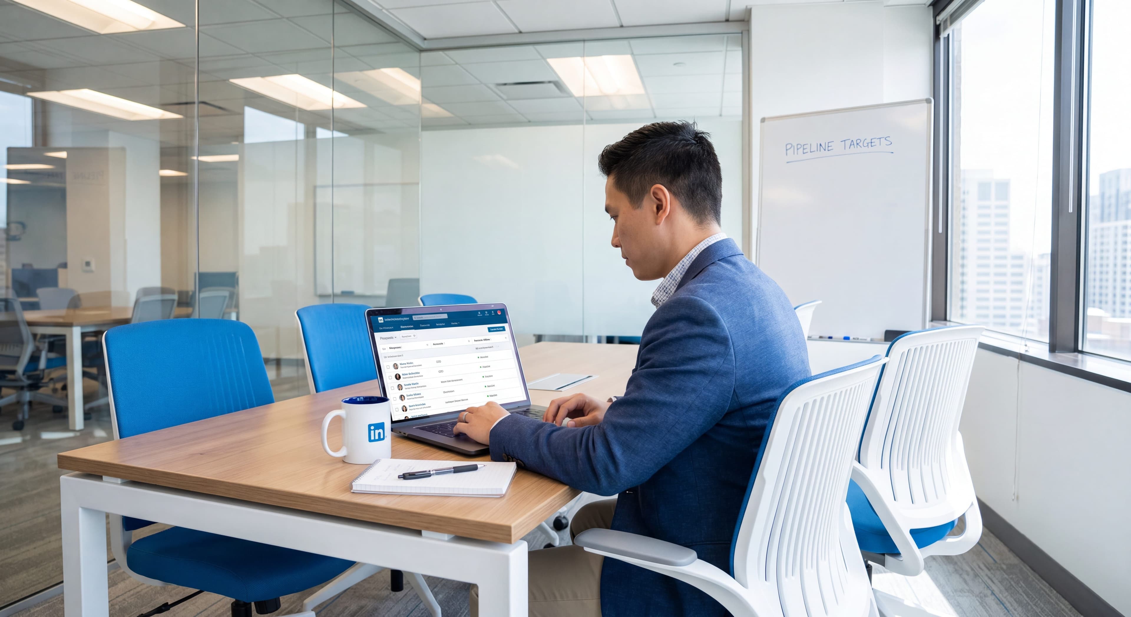 B2B professional reviewing a targeted list of decision-maker prospects for LinkedIn prospecting outreach