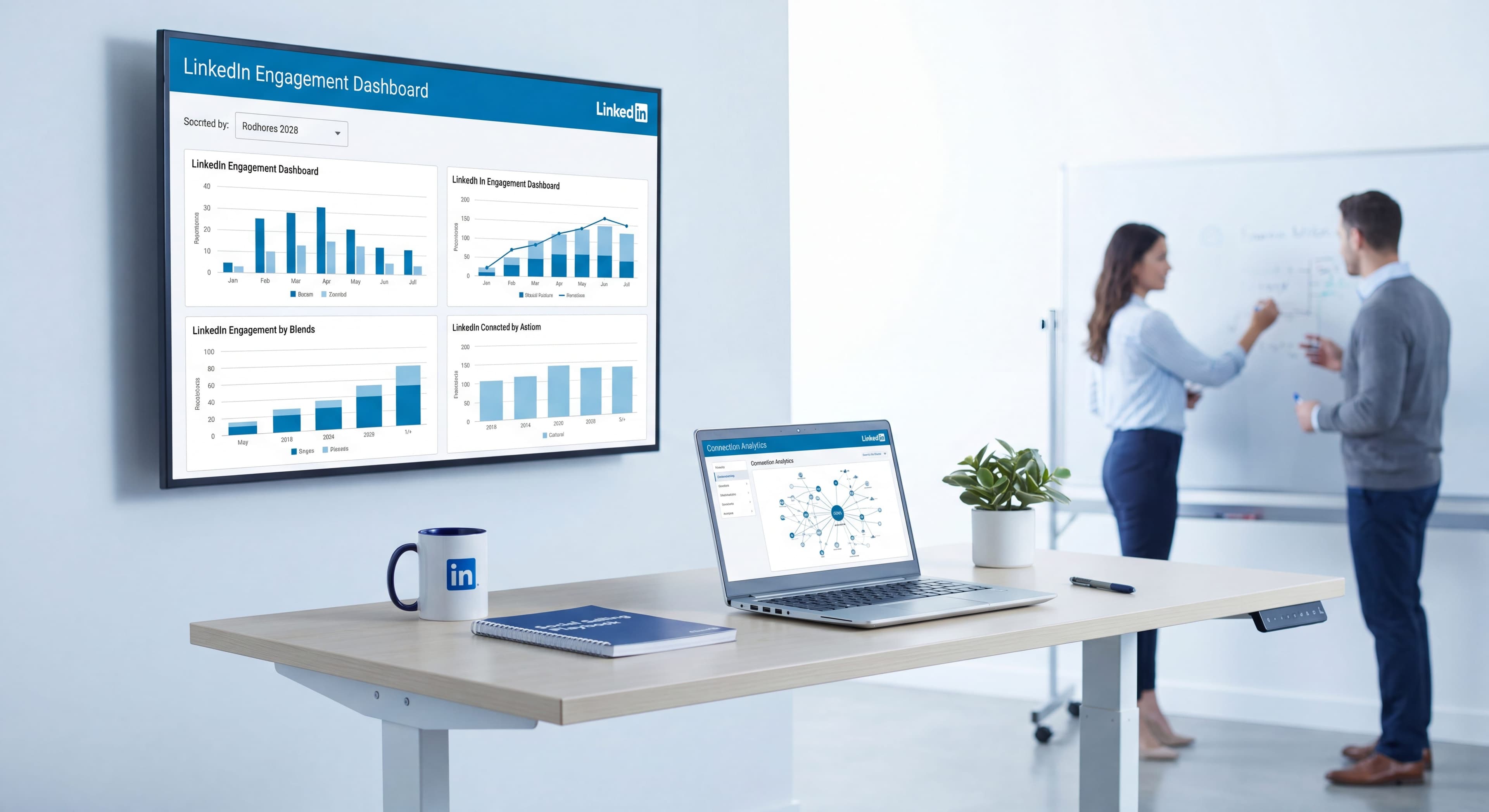 B2B sales workspace with a LinkedIn engagement dashboard showing connections and analytics