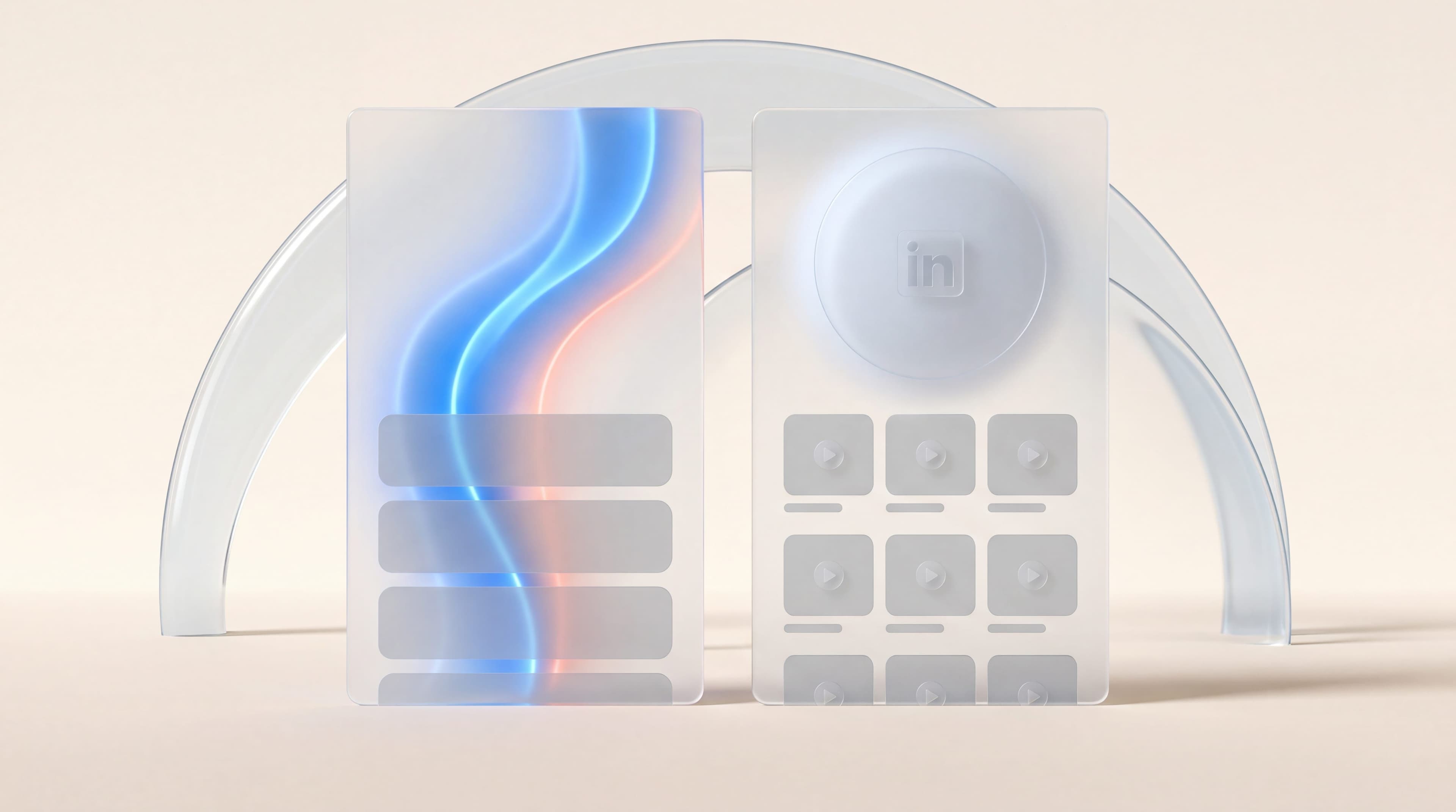 Two glass panels side by side, outbound message flows on one and an executive LinkedIn media grid on the other