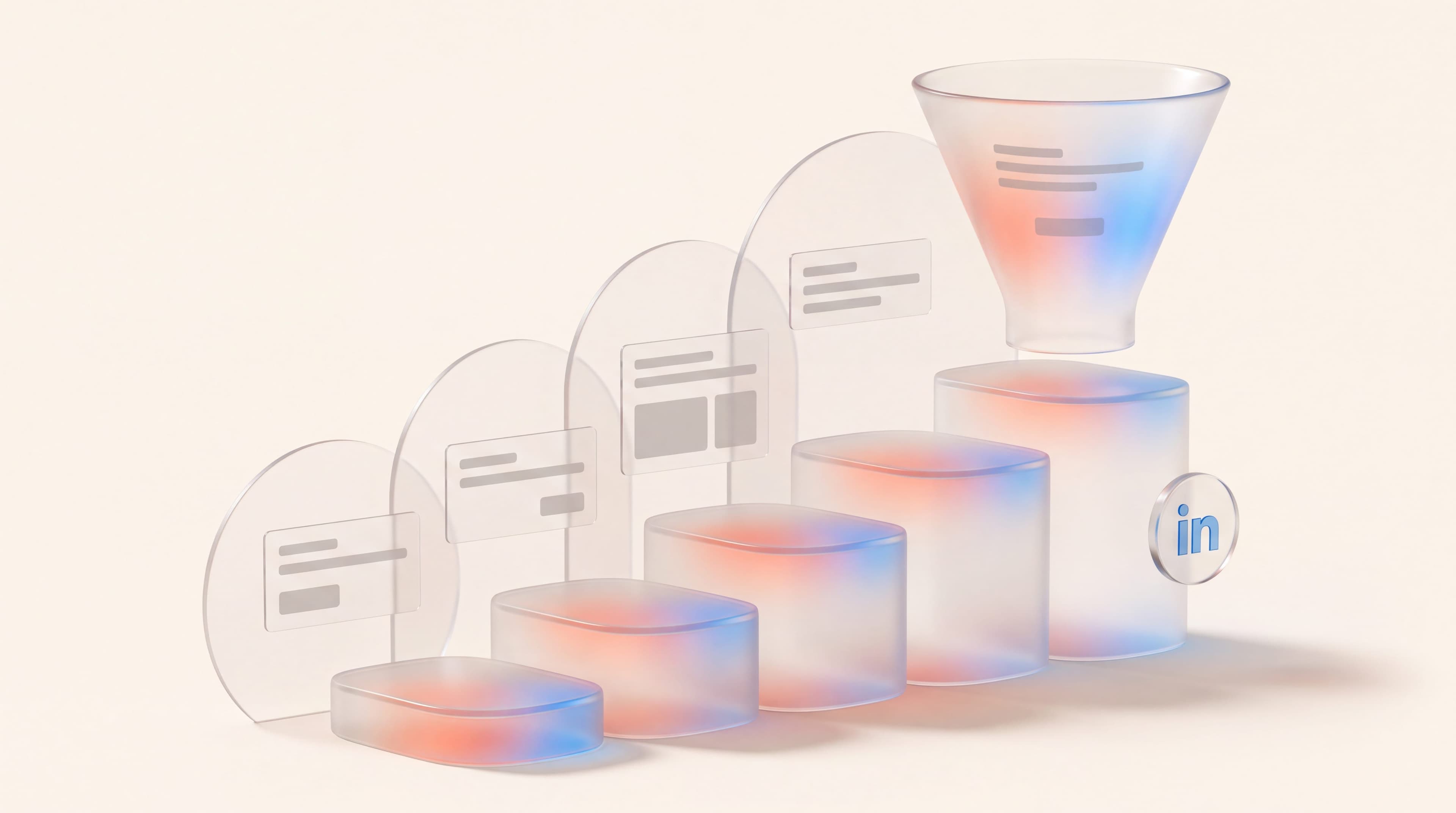 Five ascending frosted glass steps leading up to a funnel with a LinkedIn icon, showing the B2B lead generation sequence