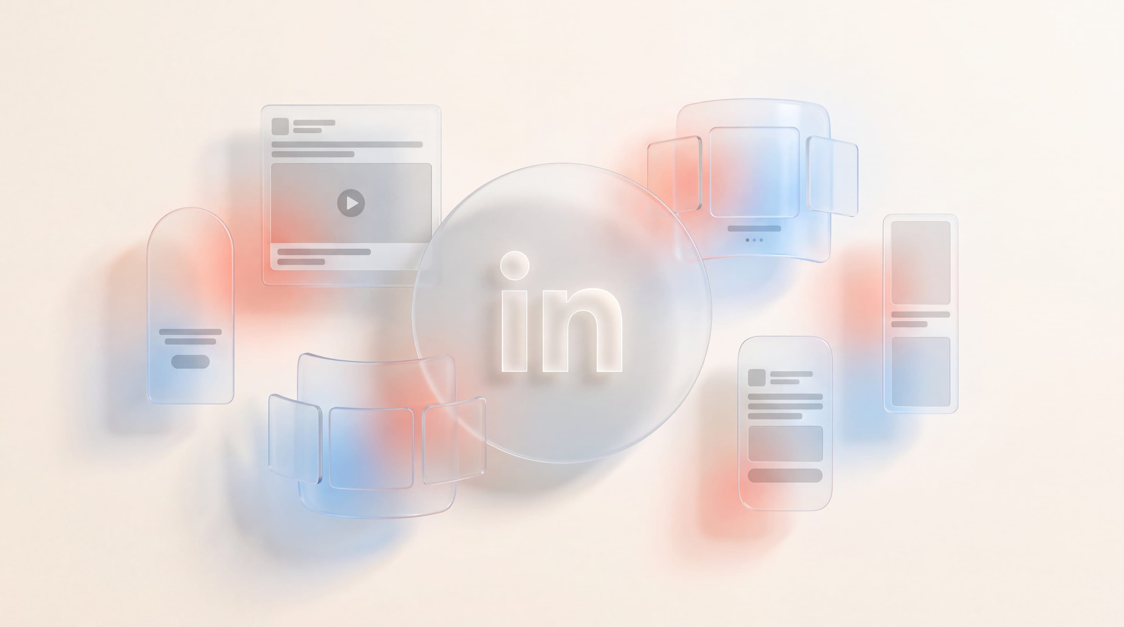 Frosted glass cards showing different types of LinkedIn ads arranged around a LinkedIn logo disc
