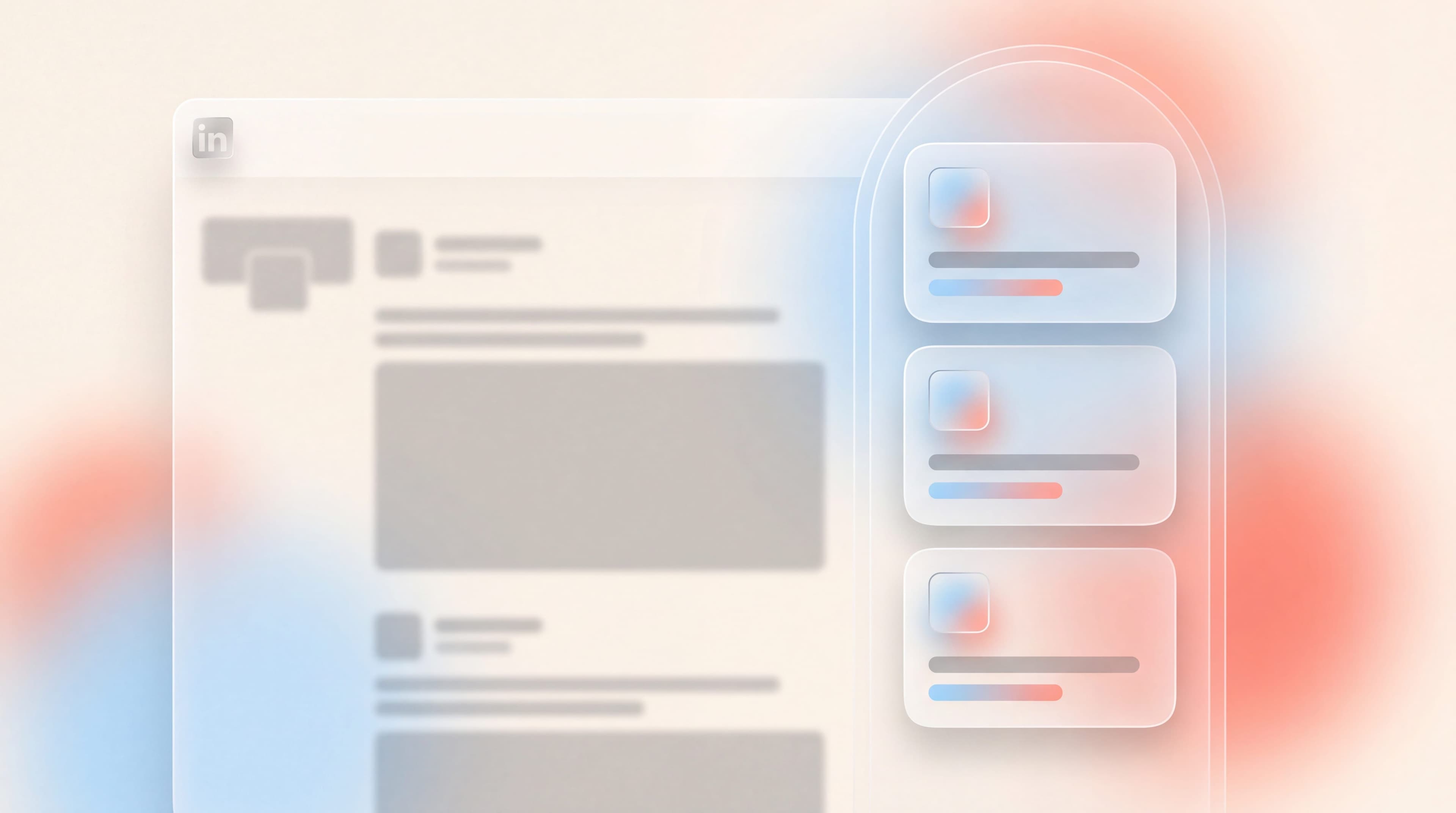 Small translucent LinkedIn text ad tiles stacked in a desktop right-hand rail beside a blurred feed