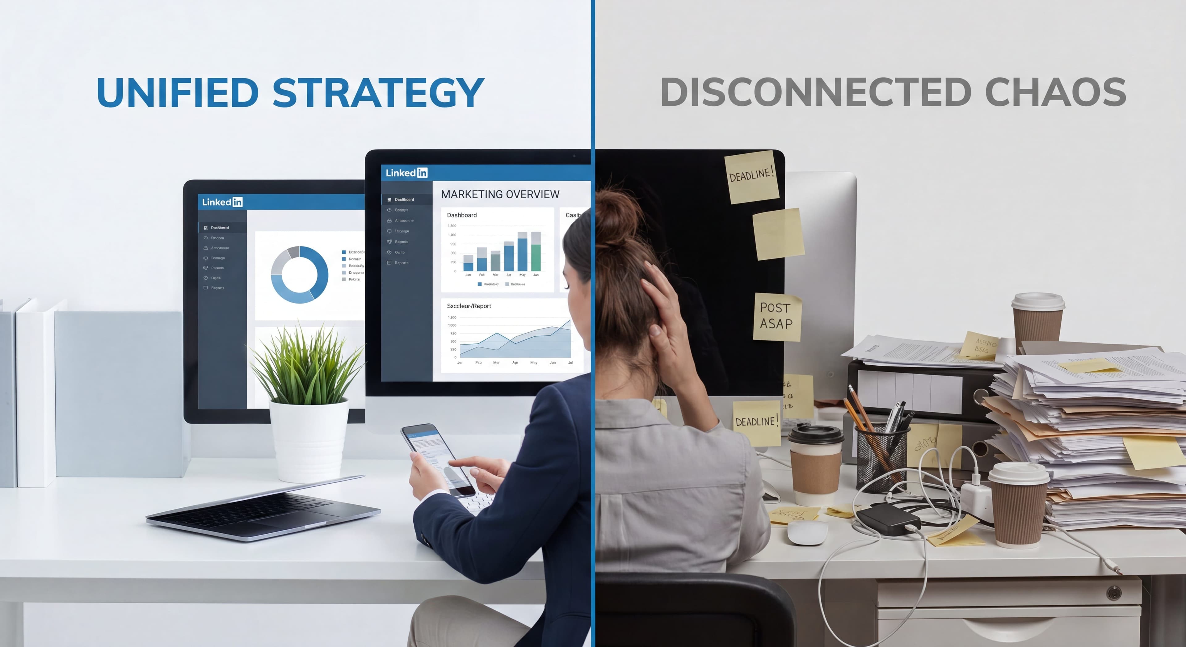 Team Maia vs Moriah LinkedIn marketing comparison, a calm unified workspace beside a cluttered busy desk