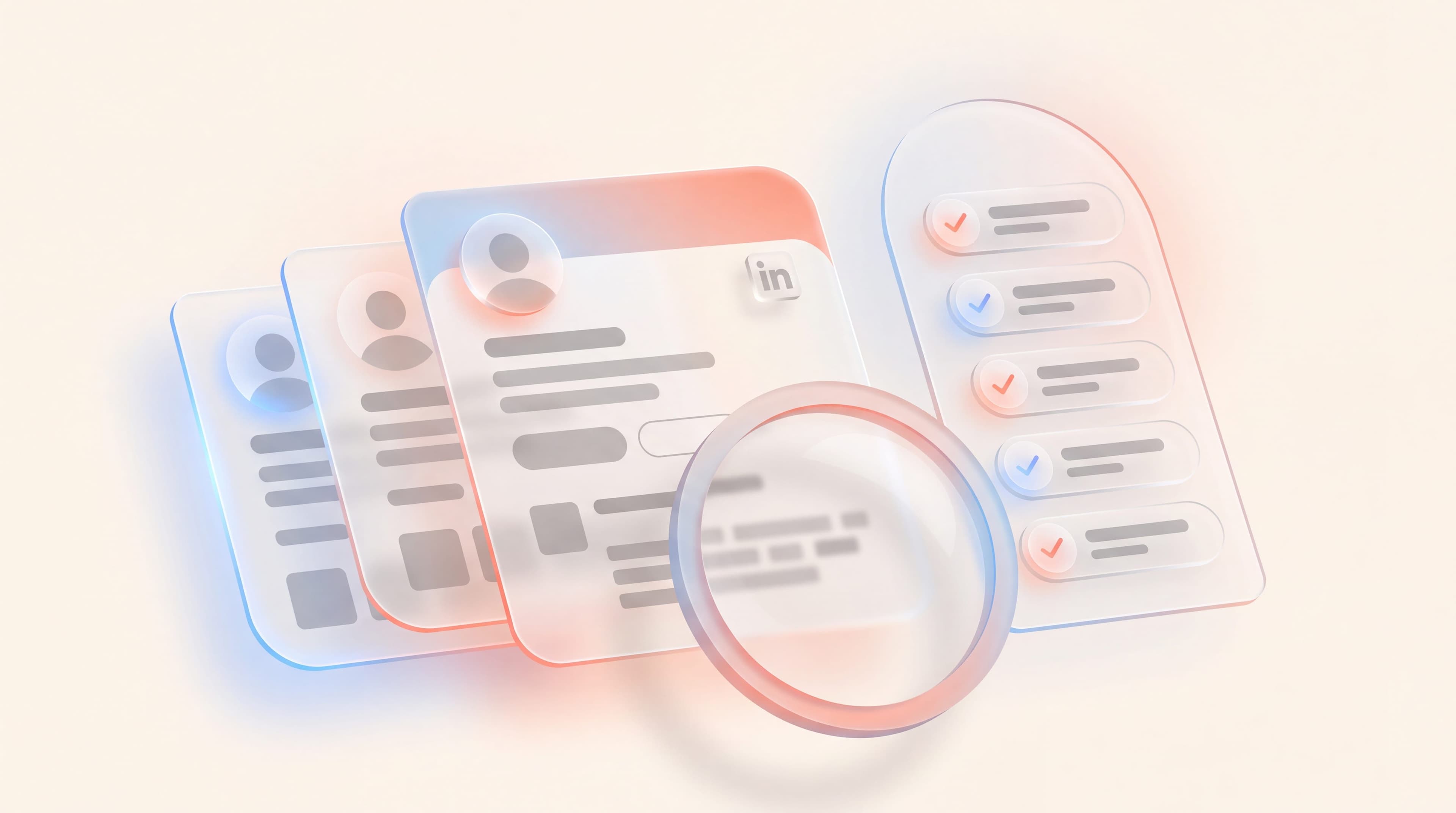 Glass profile cards, a five-point checklist panel and a magnifying lens, diagnosing an employer brand