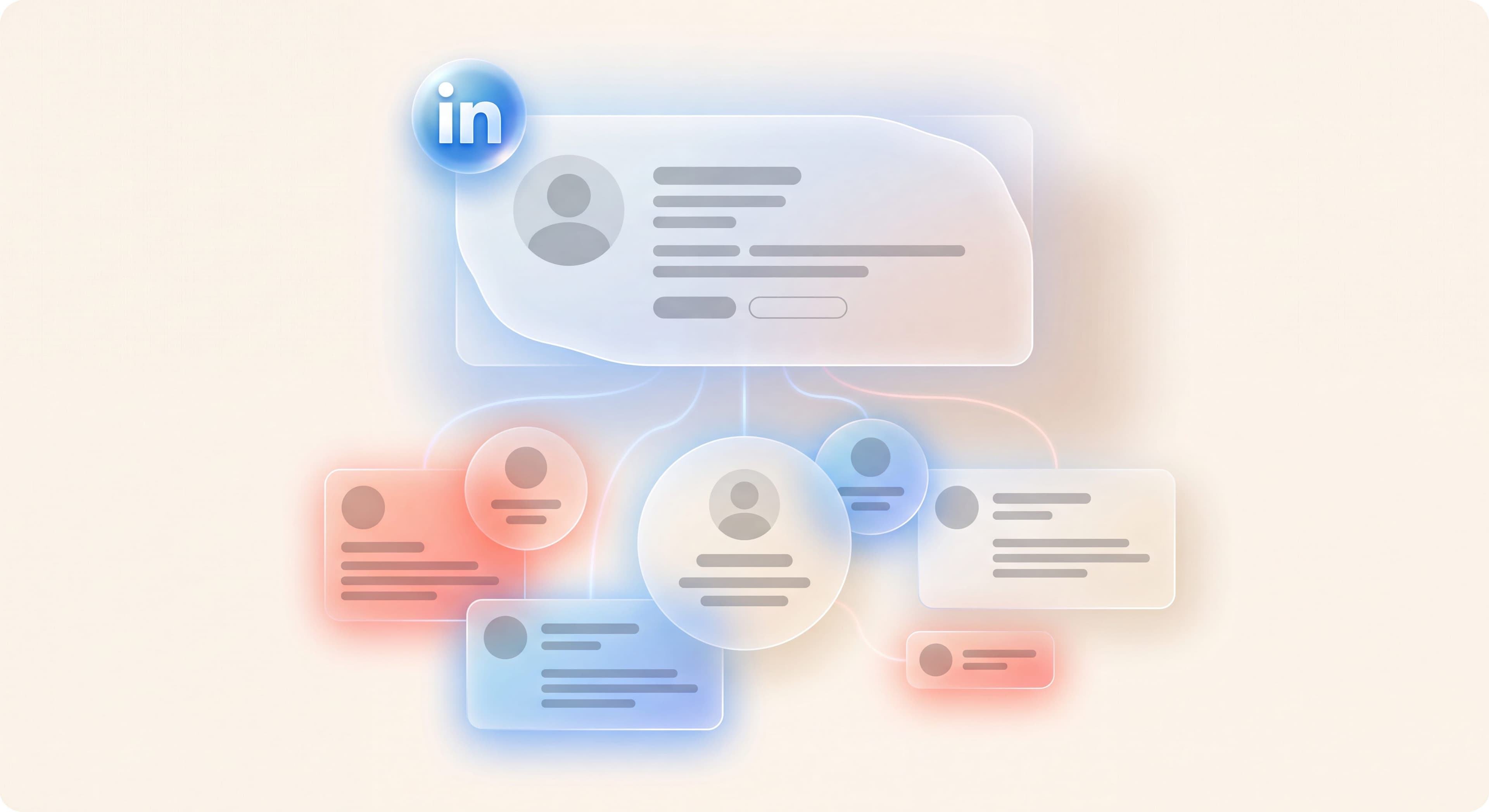 Executive LinkedIn profile card rising above a connected leadership team, illustrating executive personal branding