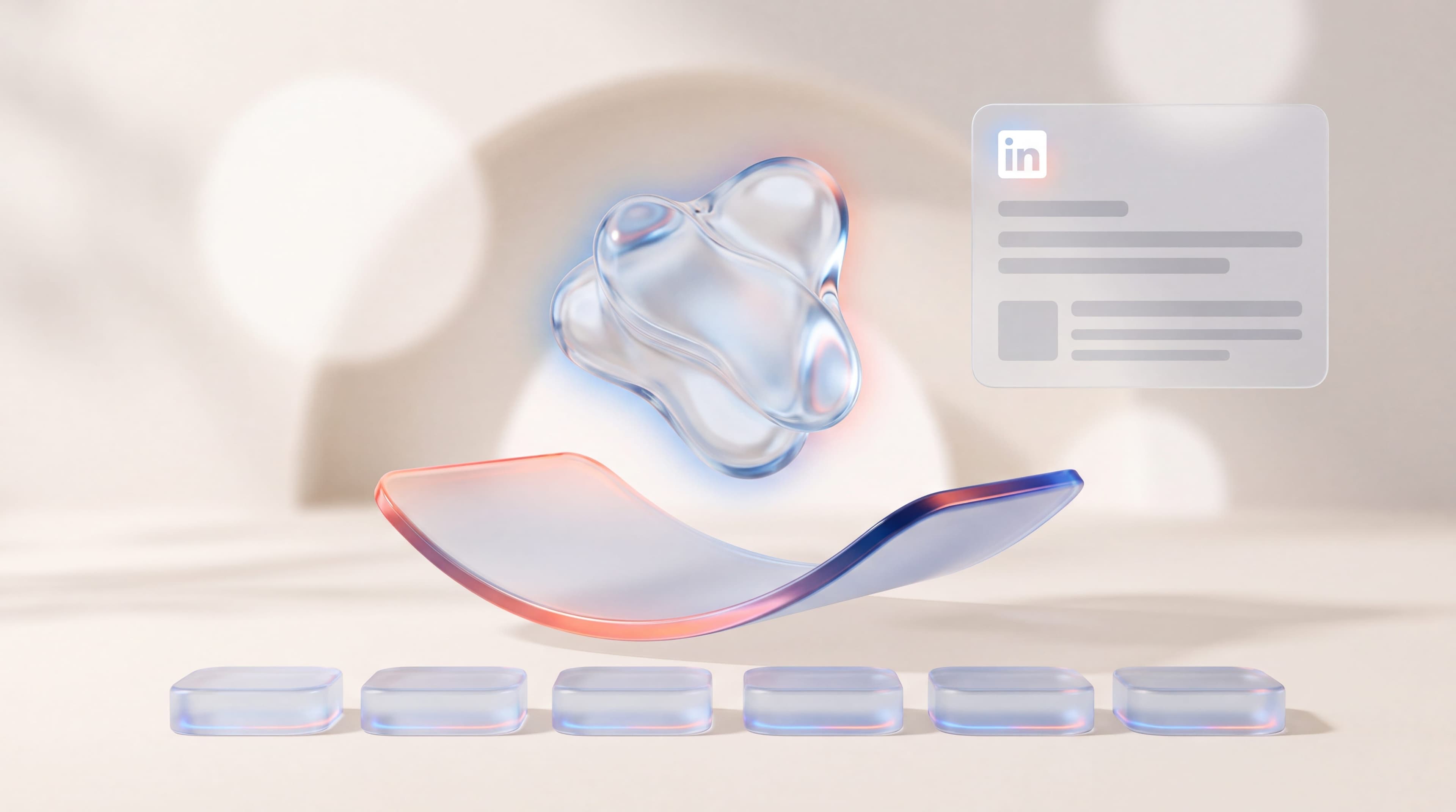 Distinct glass form rising above a row of identical blocks beside a LinkedIn post panel, a thought leadership concept