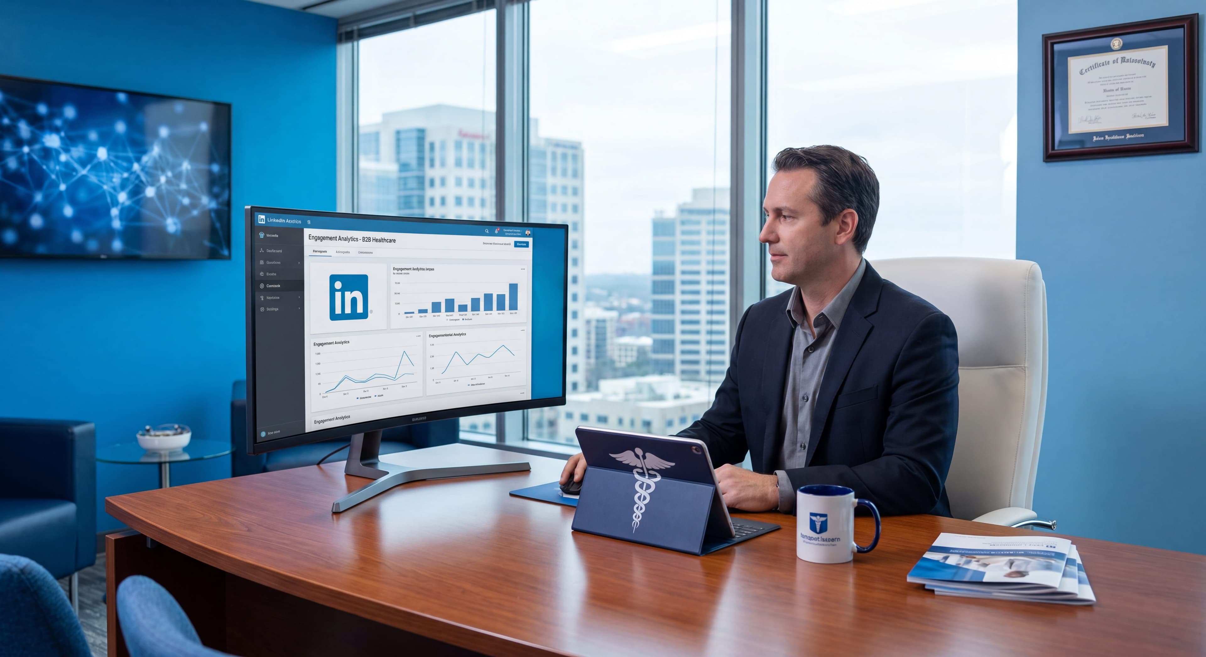Healthcare executive reviewing a LinkedIn lead generation dashboard in a modern professional office