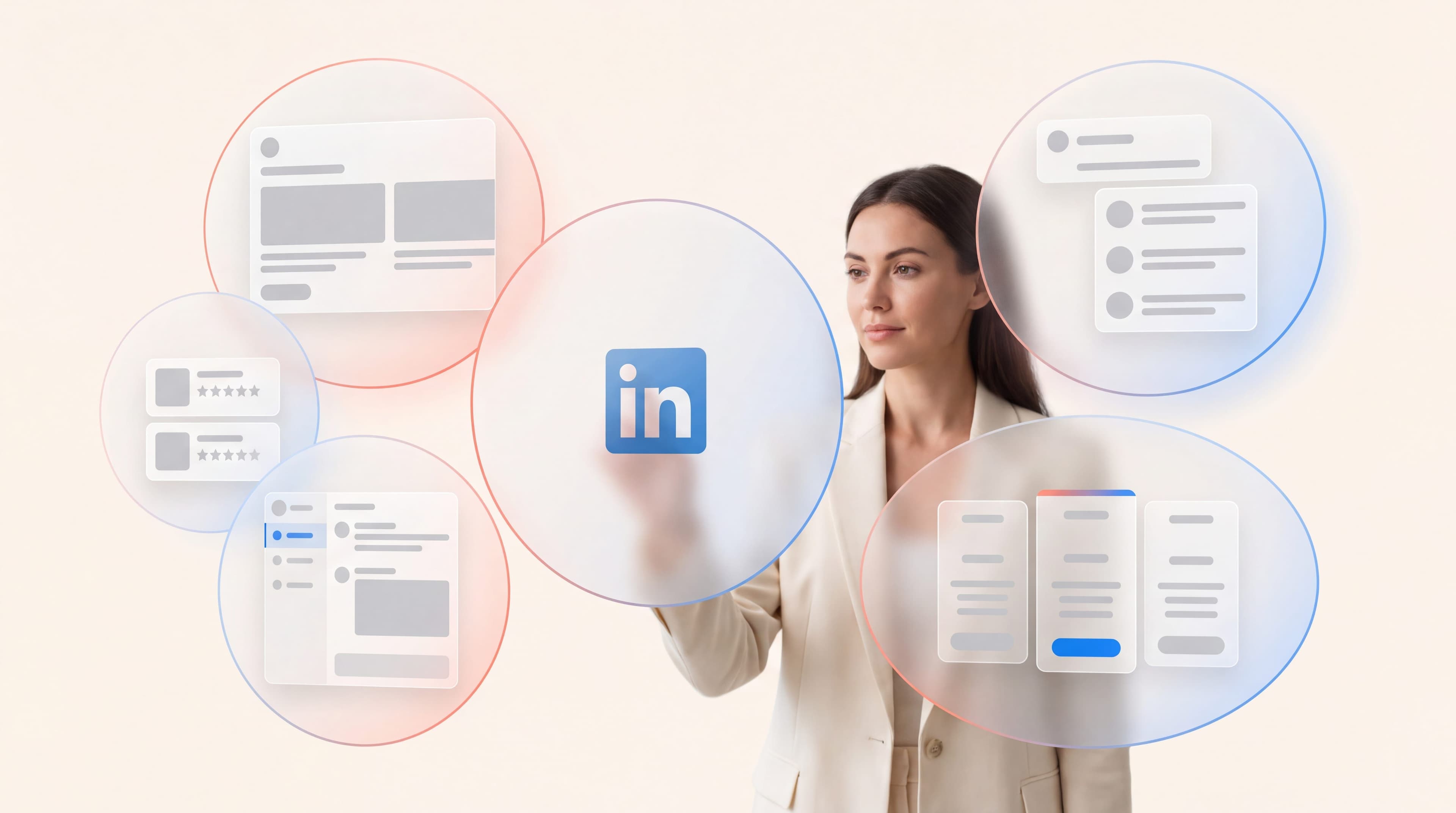 Frosted-glass panels showing star-rating review cards, a message inbox and pricing tiers beside a LinkedIn logo